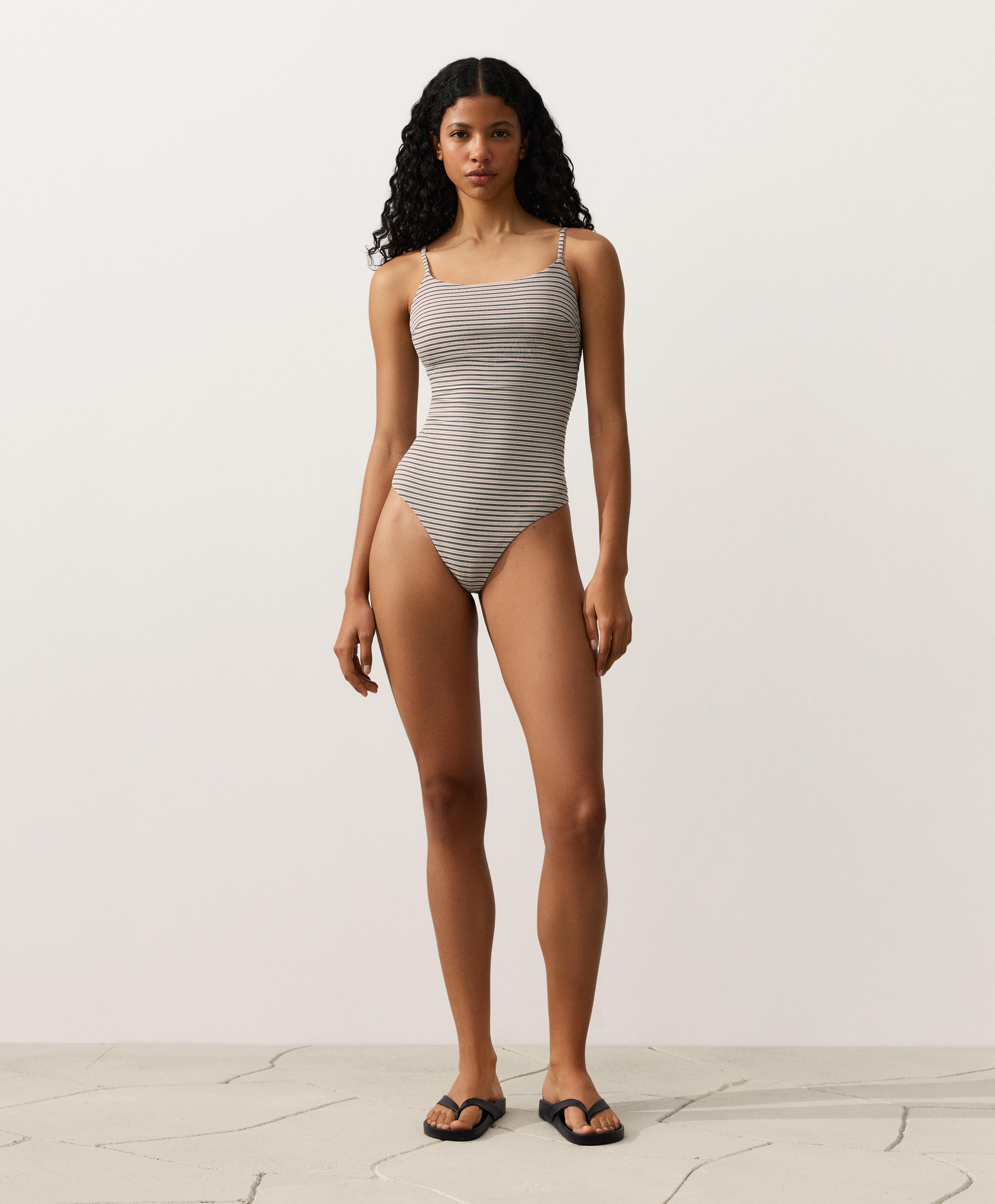 Stripe round neck swimsuit — SAND