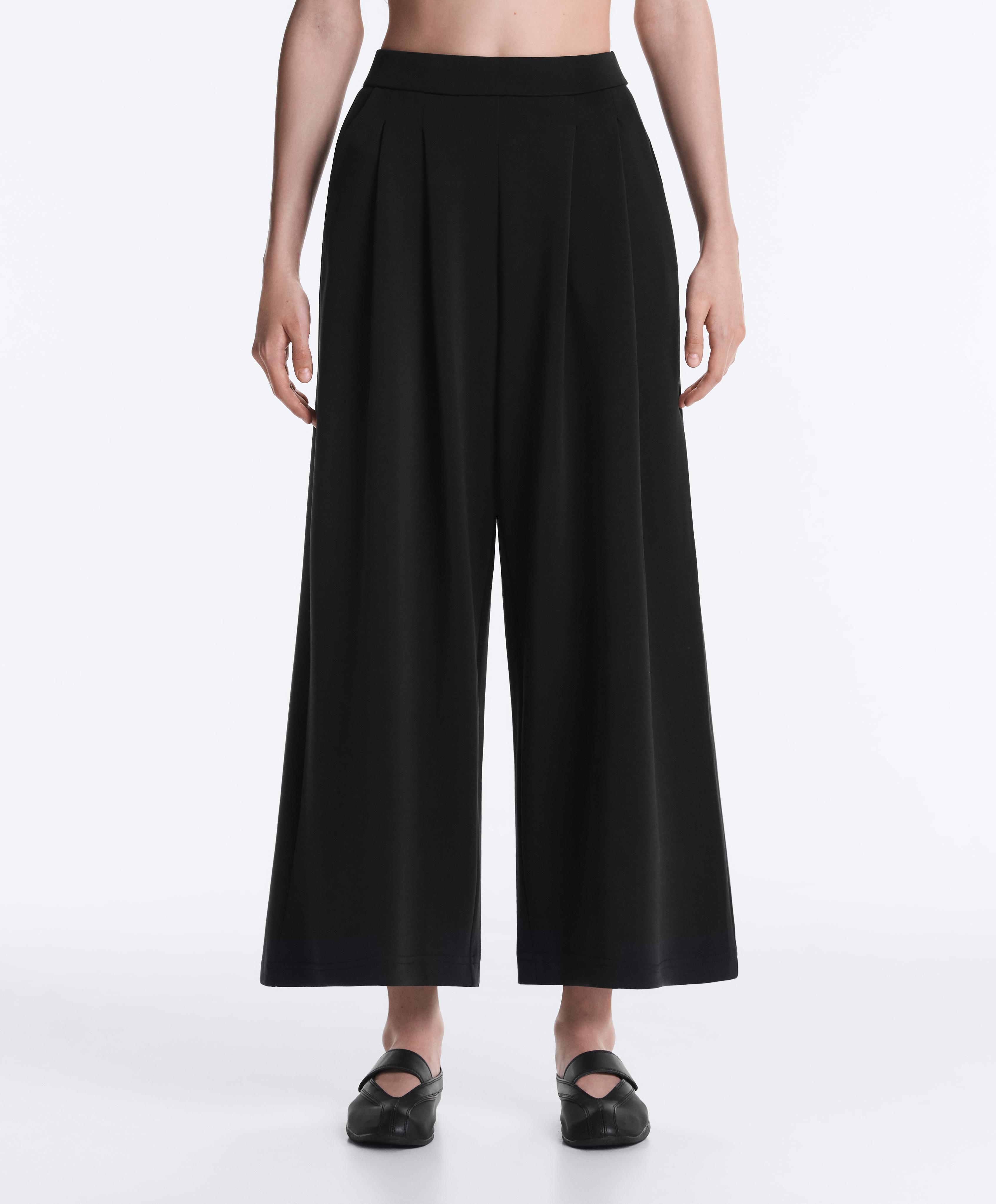Soft-touch wide-leg crop trousers with modal and pleats — BLACK