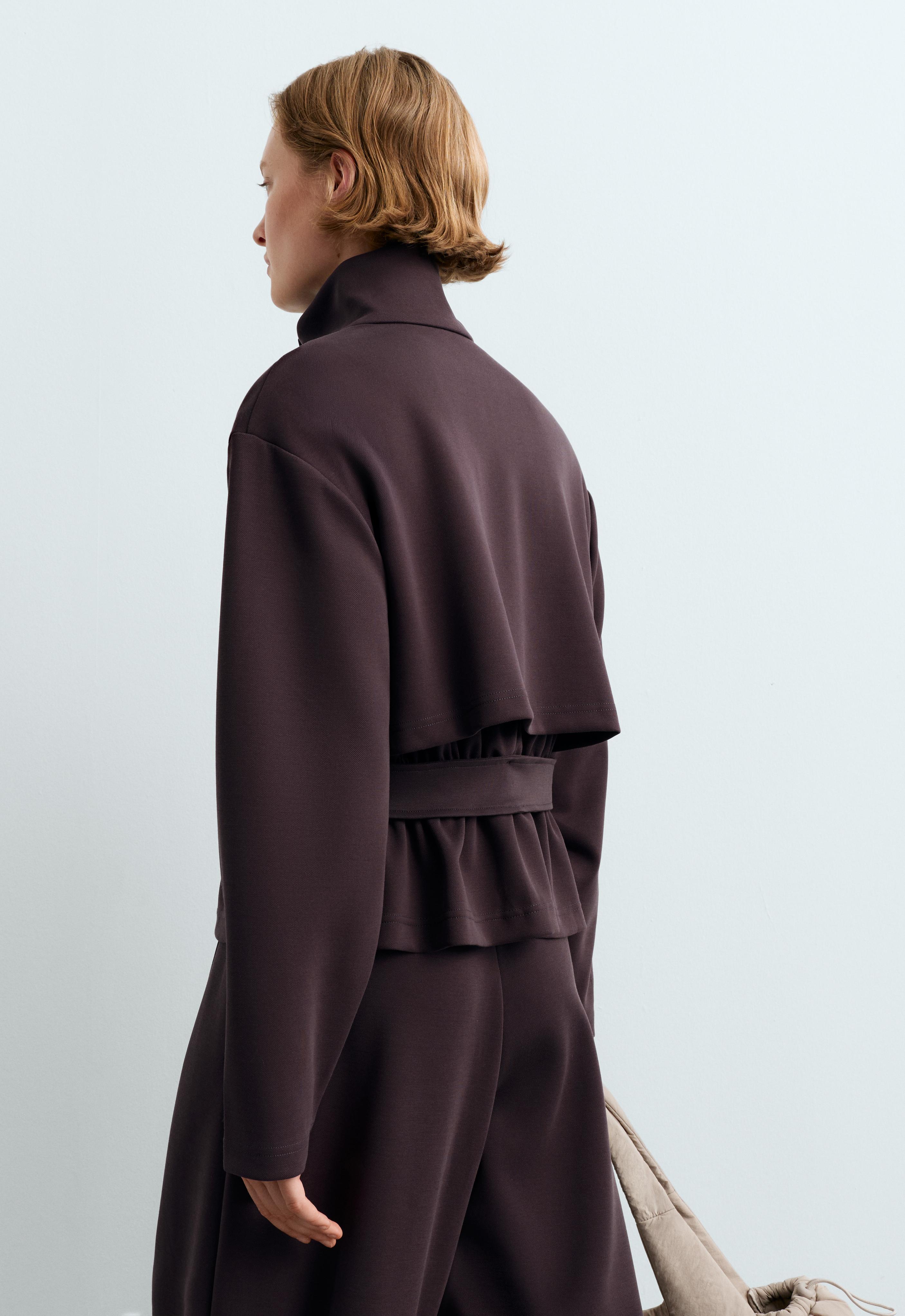 Short piqué jacket with belt — Purplish brown