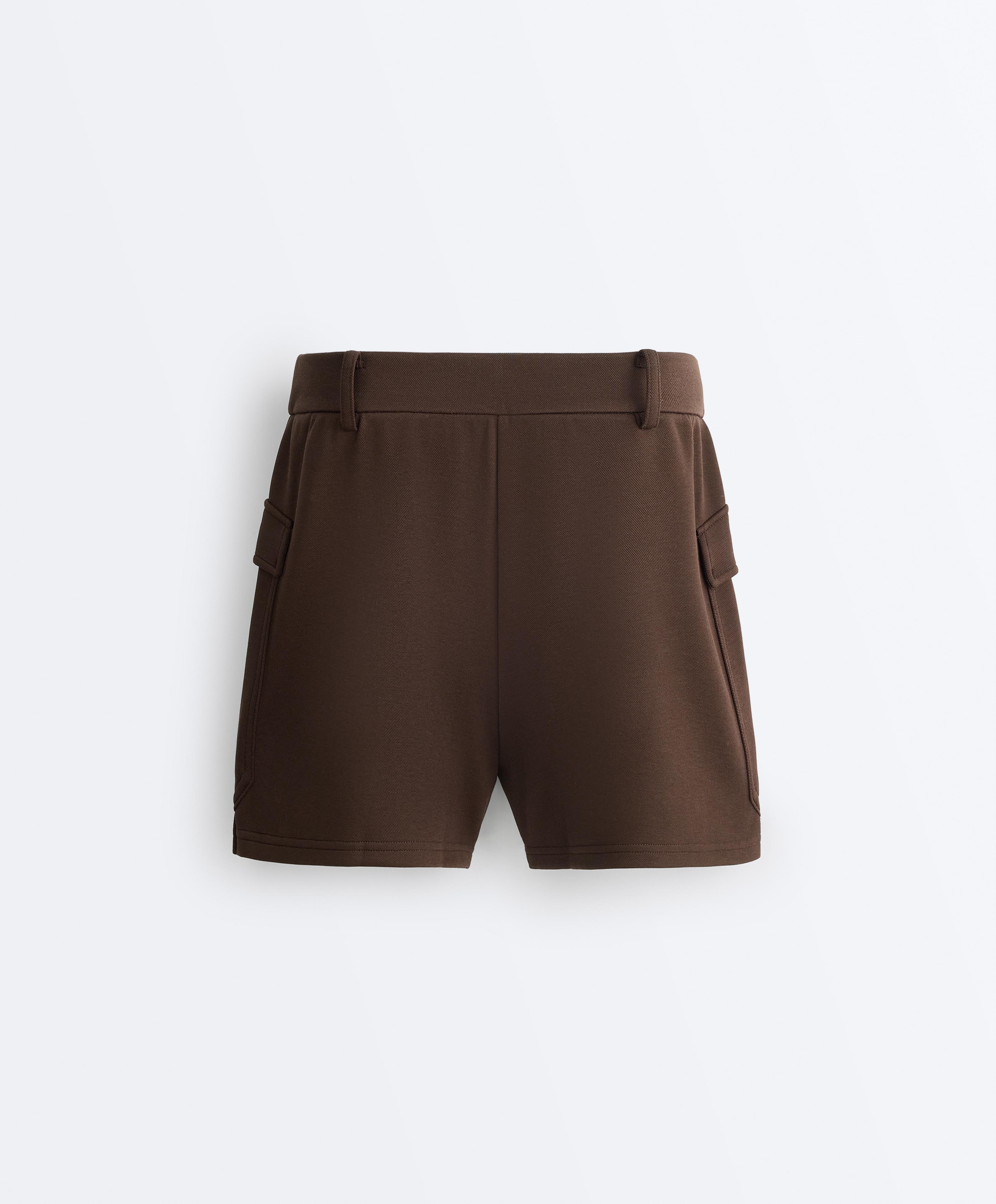 Short piqué skirt with cotton pockets — DARK BROWN