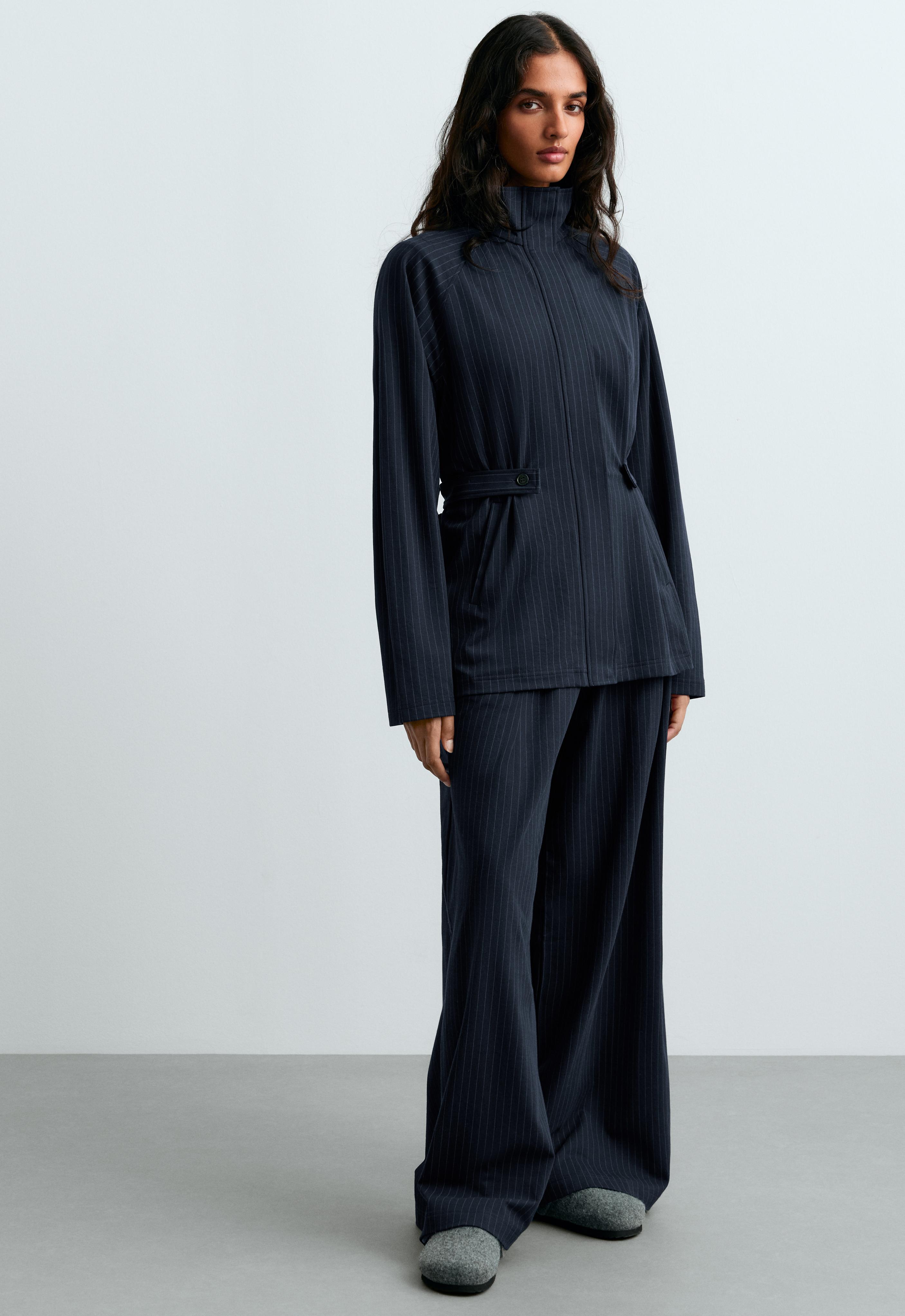 Long pinstripe cotton jacket — NAVY BLUE
