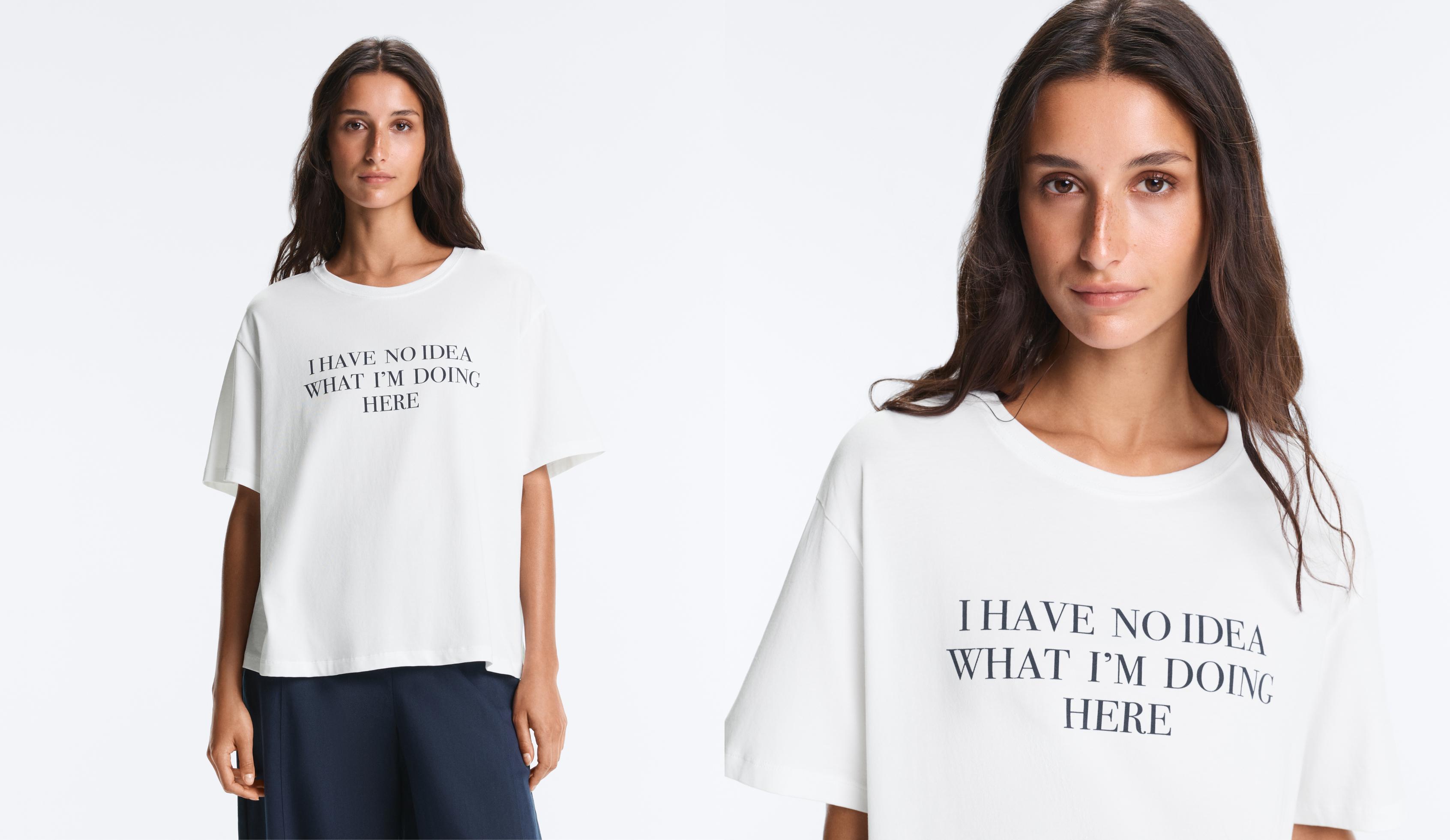 Boxy short-sleeved cotton blend T-shirt with slogan — WHITE