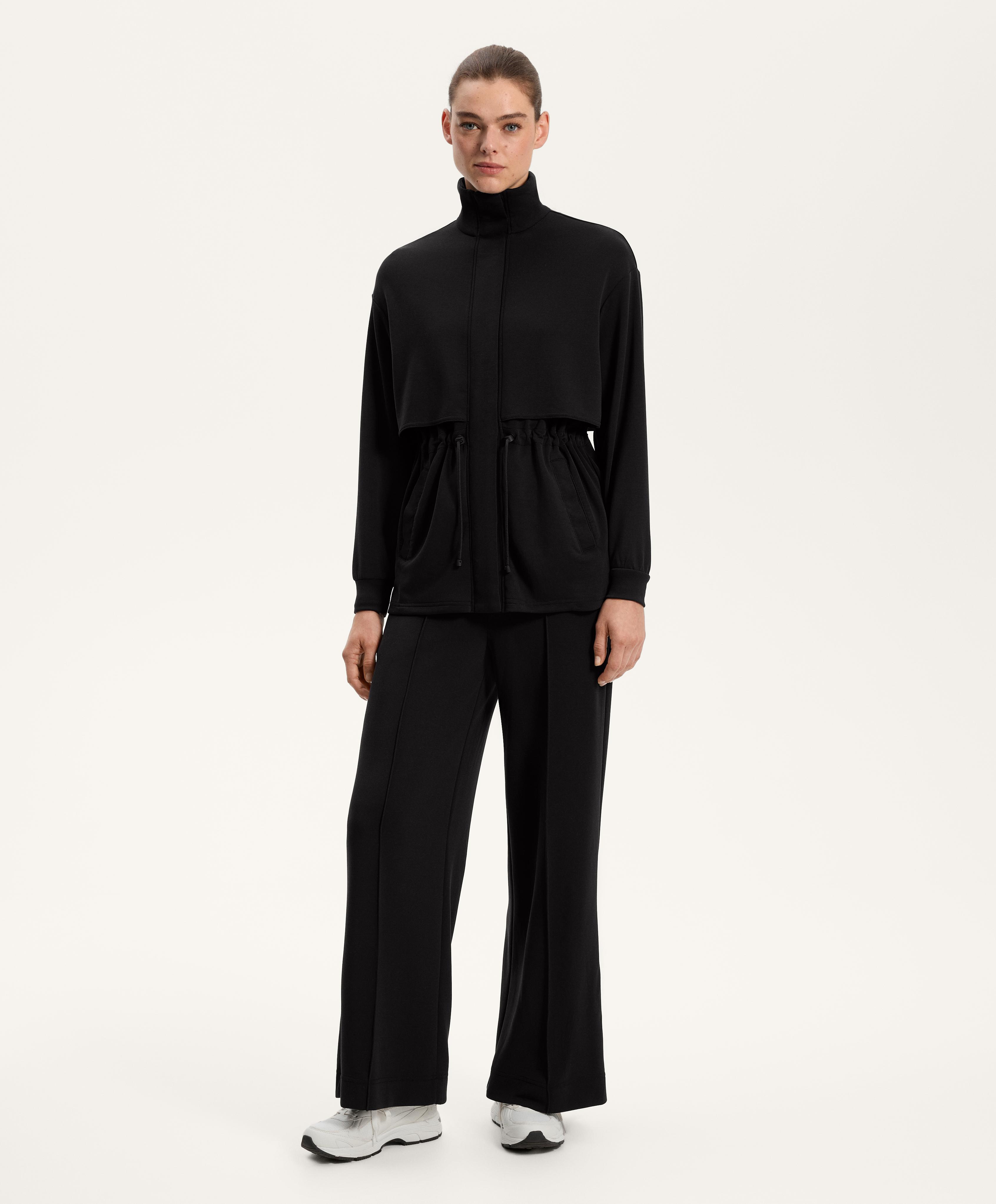Long soft-touch jacket with modal and pockets — BLACK