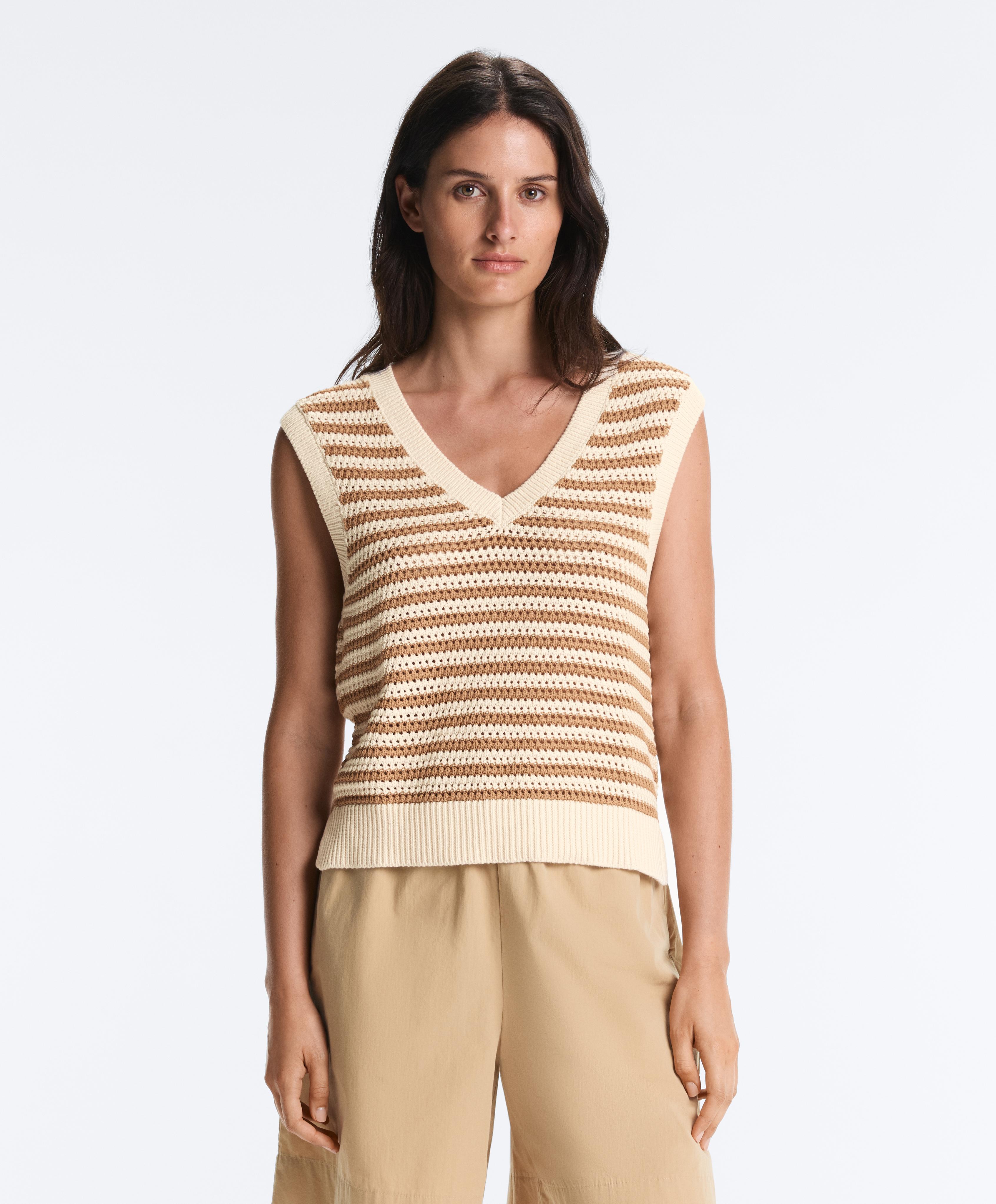 Striped V-neck knit vest — ECRU