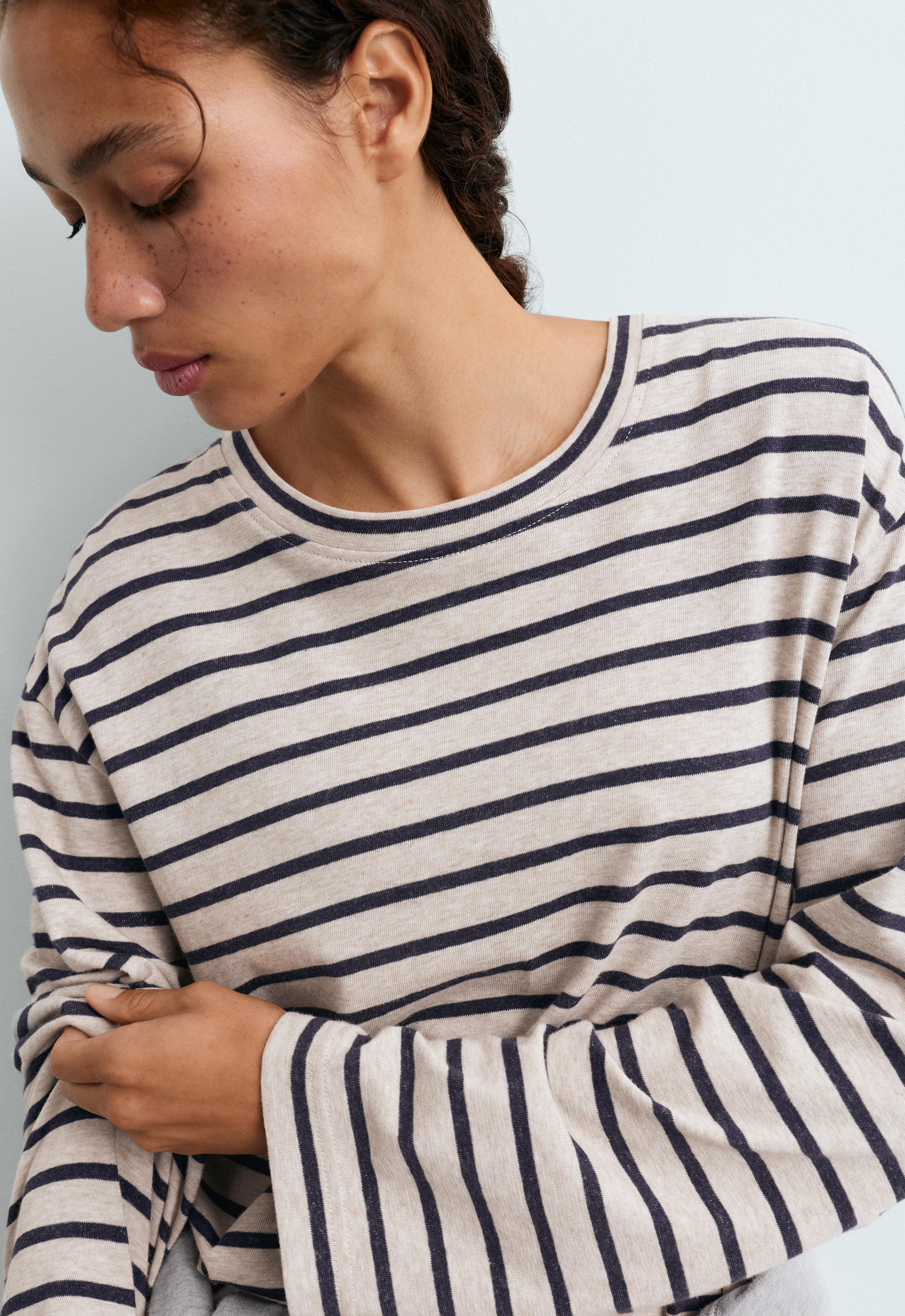 Striped cotton-blend long-sleeved T-shirt — MINK MELANGE