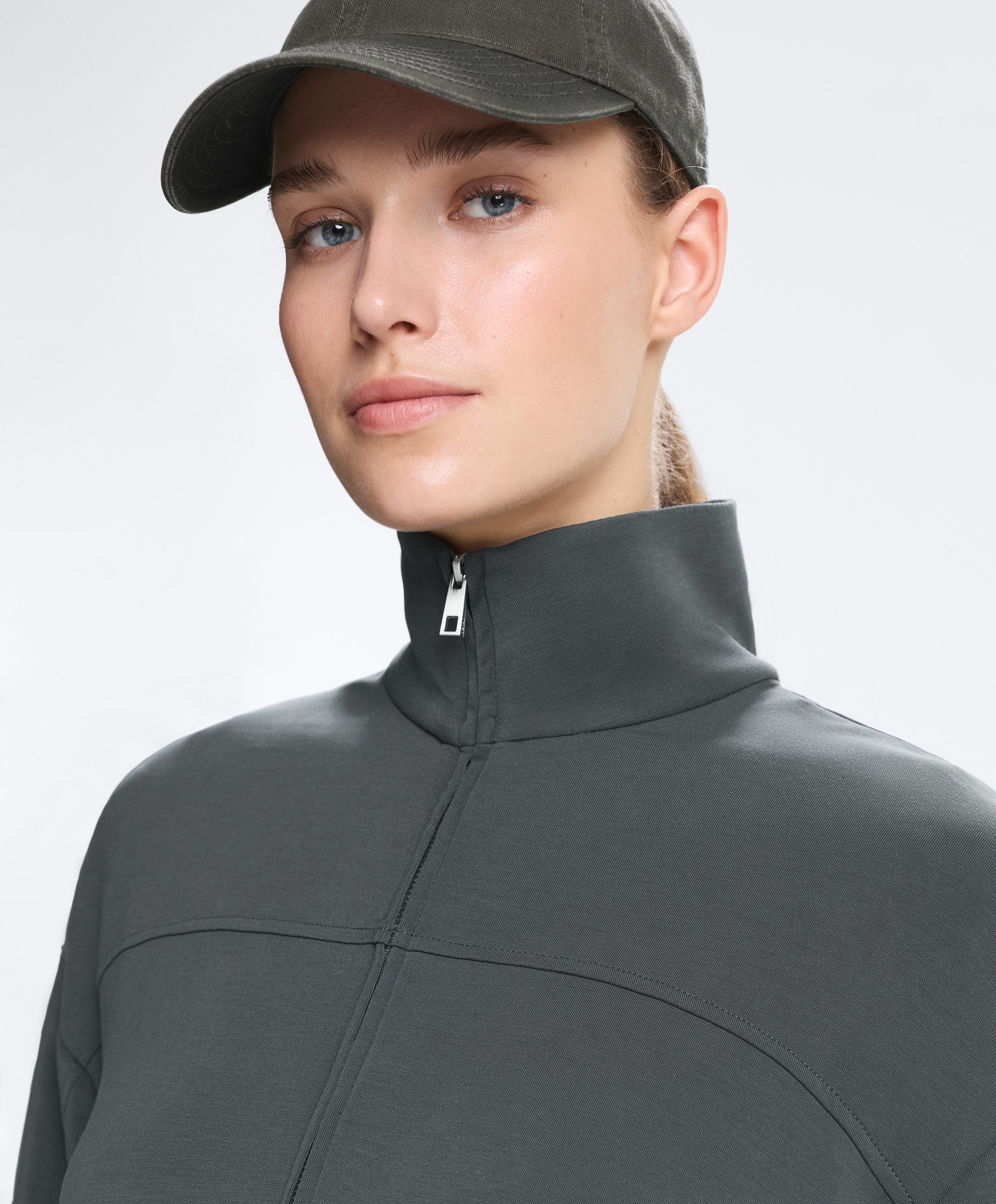 Soft-touch modal jacket with adjustable waist and high collar — ASPHALT