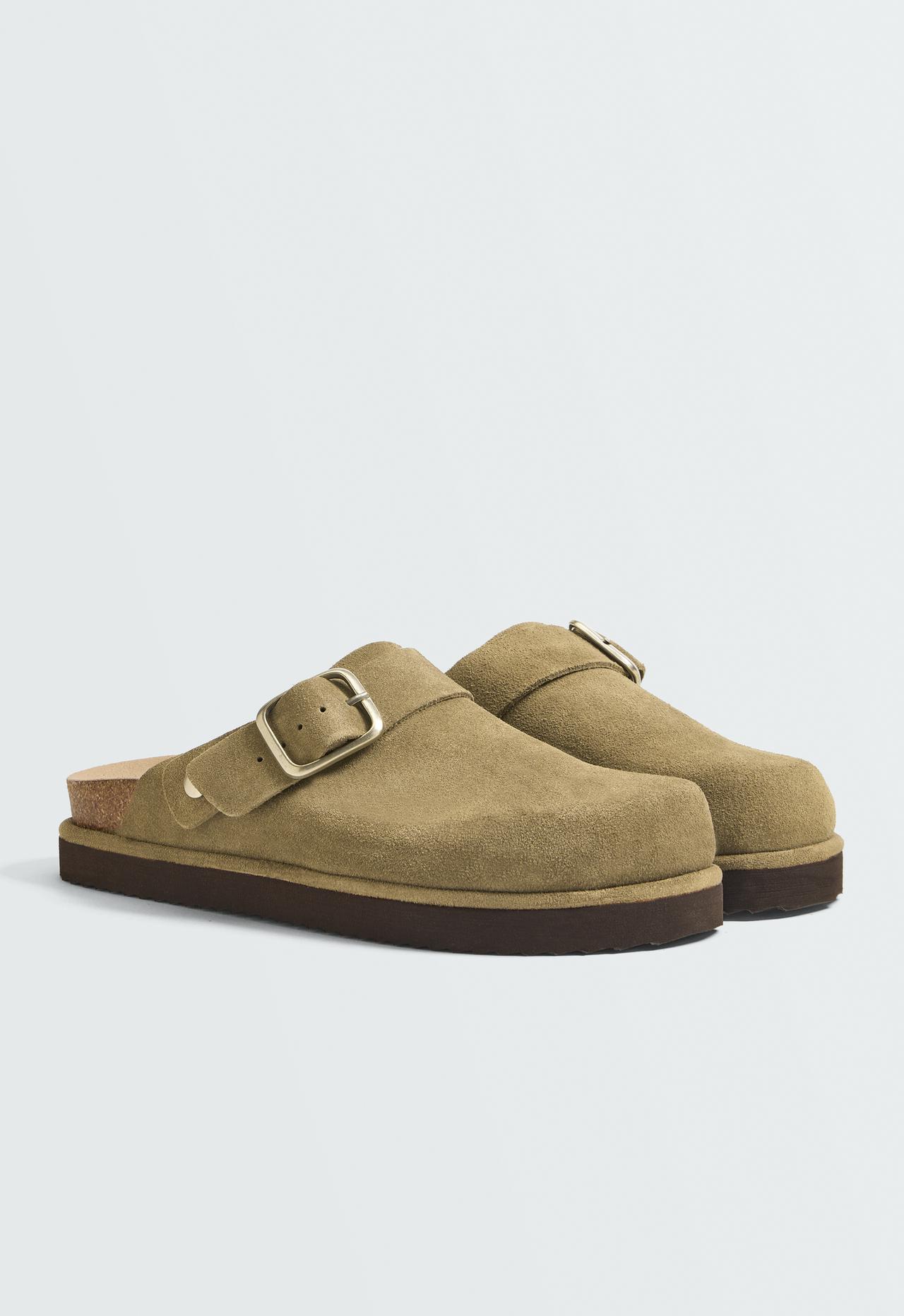 Split-leather buckled clog — KHAKI