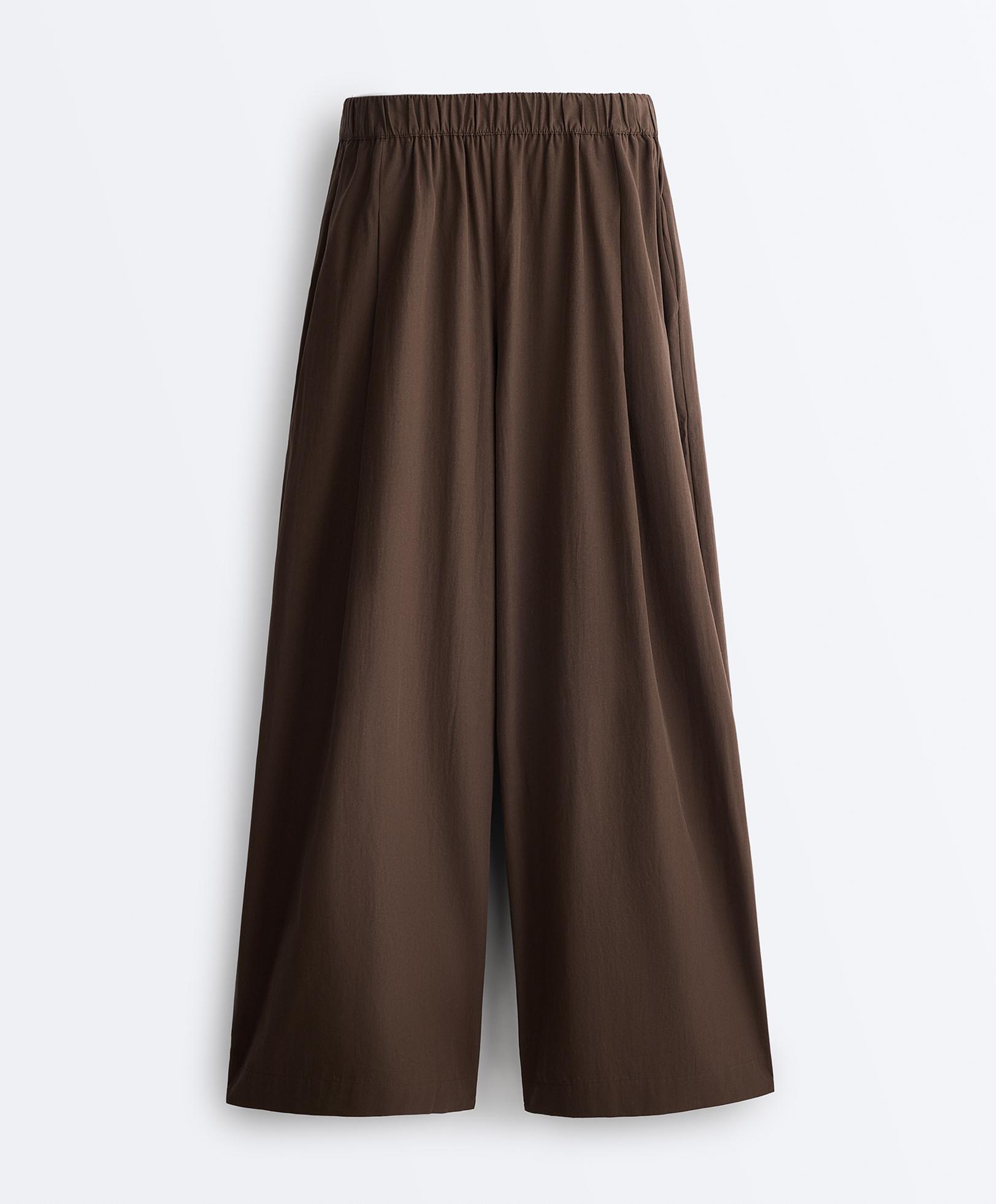 100% cotton poplin wide-leg trousers — DARK BROWN