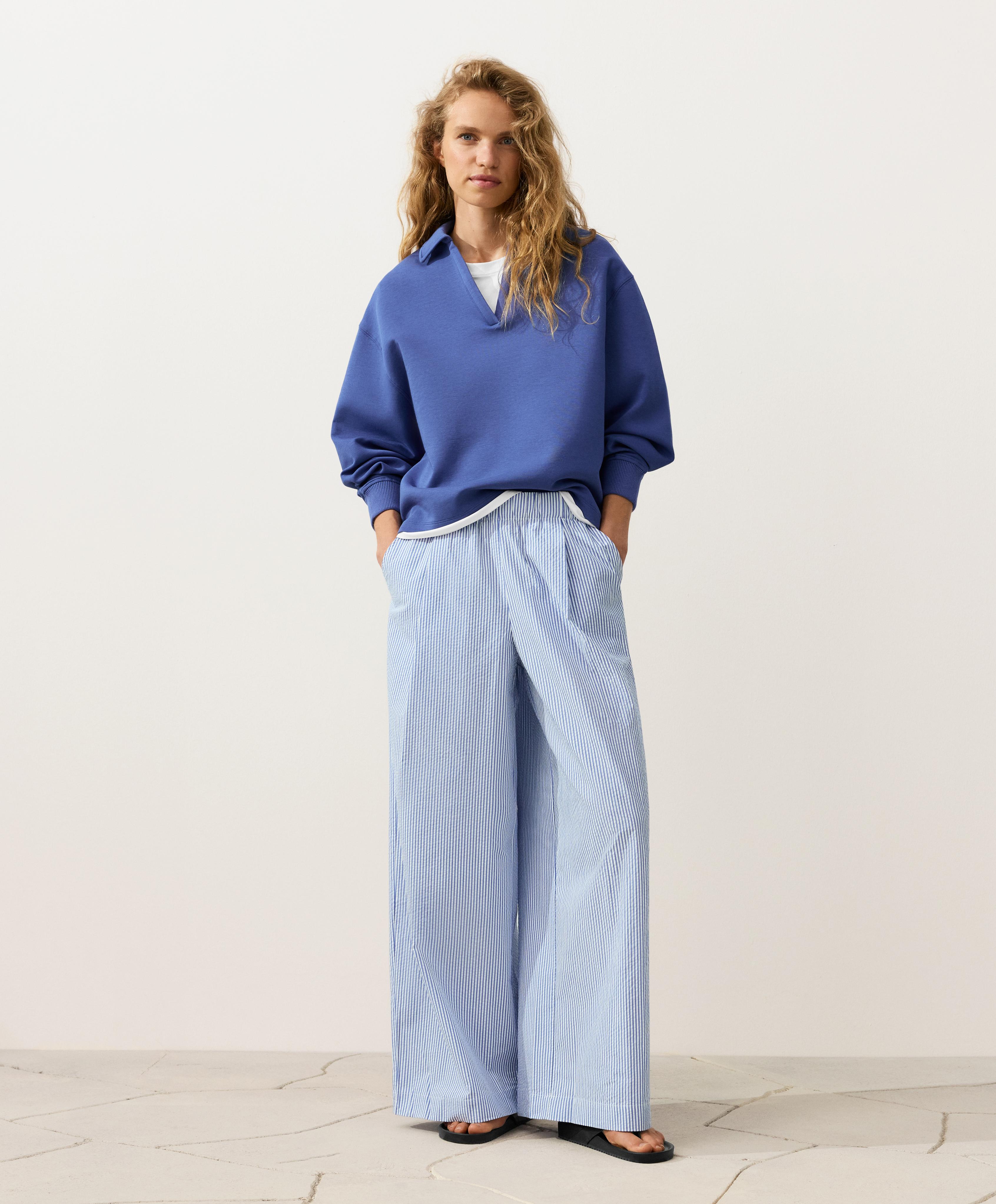 Wide-leg cotton blend striped trousers — PALE BLUE