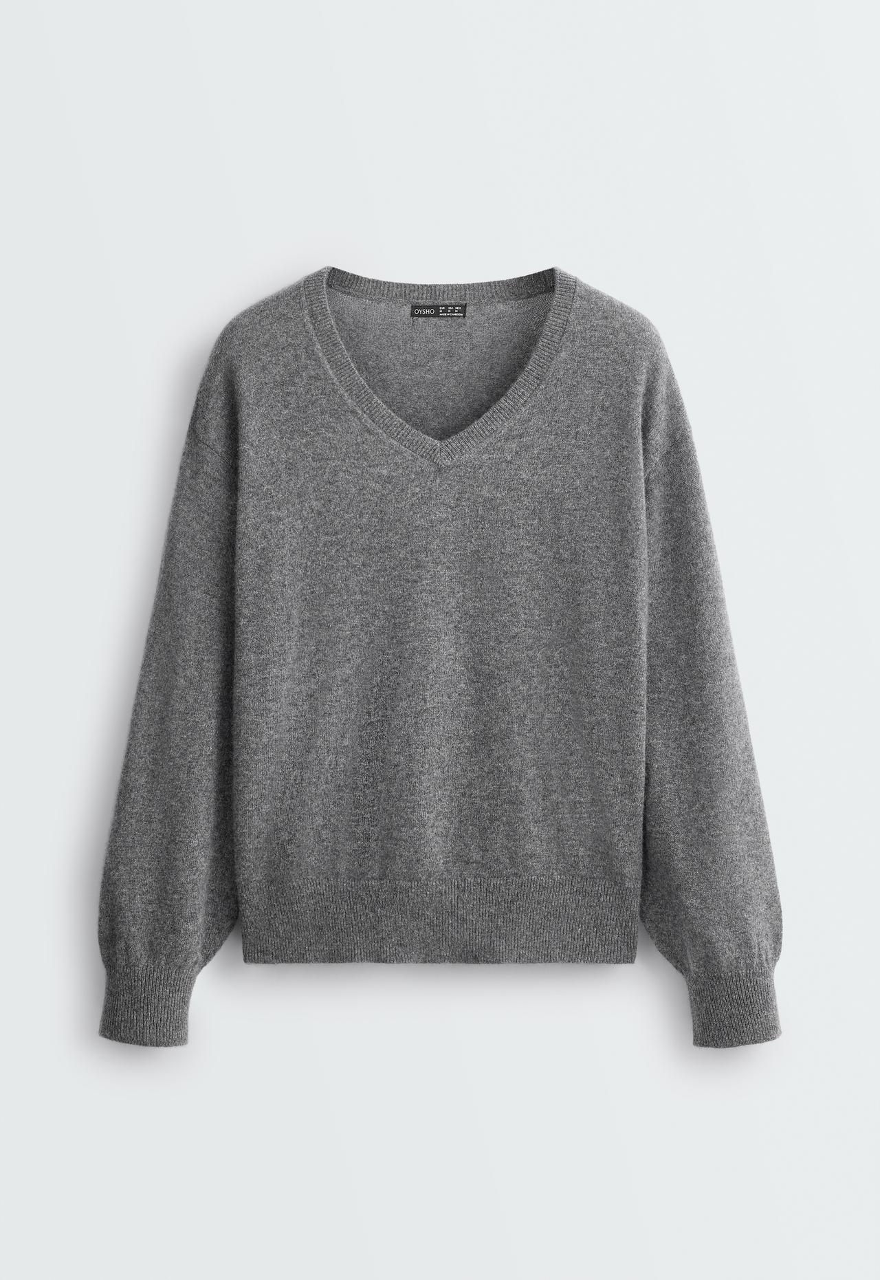 100% cashmere V-neck knit jumper — MOTTLED GREY MELANGE