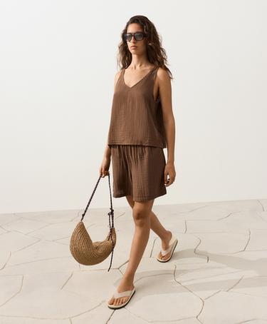 100% cotton gauze bermuda shorts — TAN 6