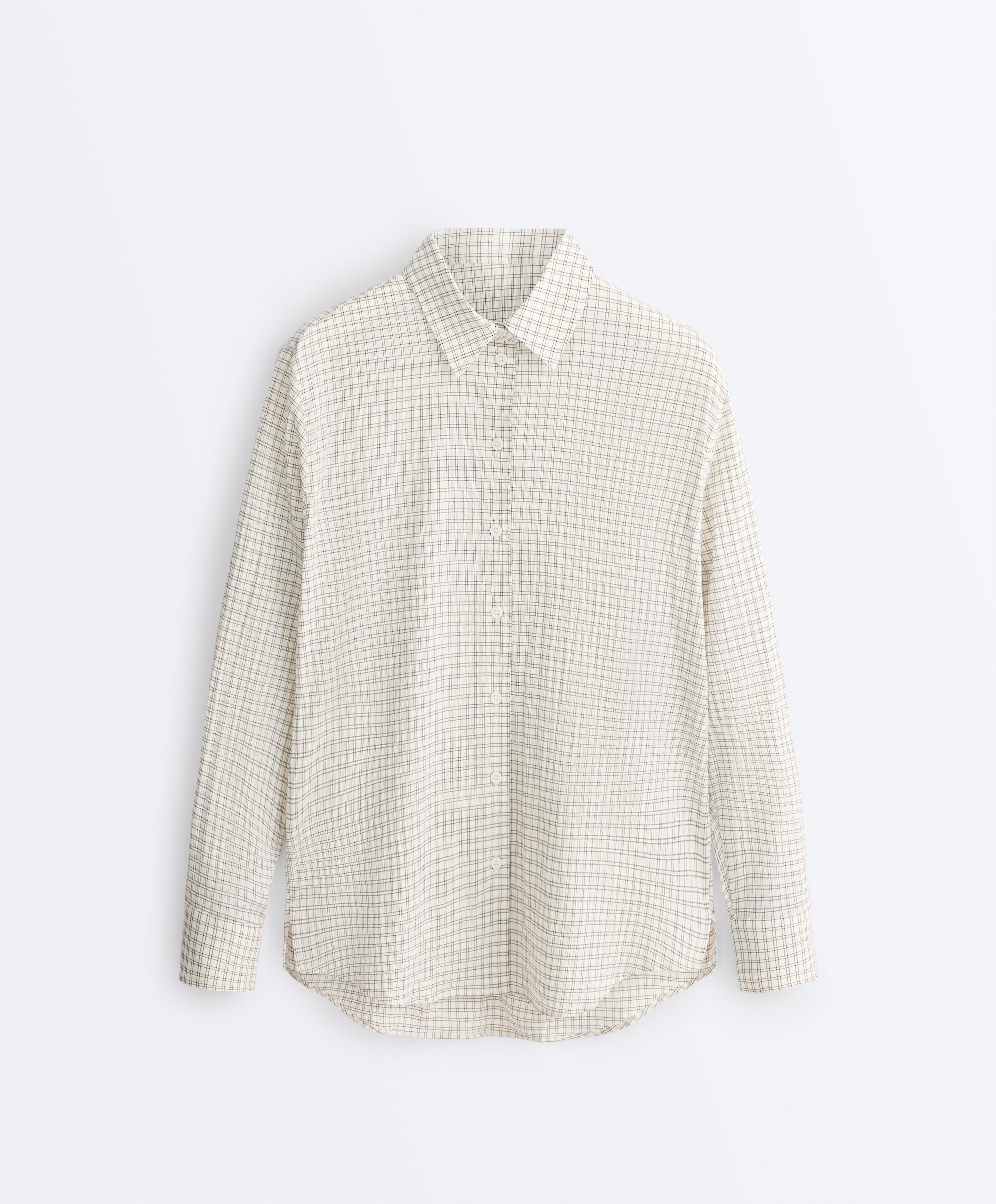 Cotton blend check long sleeve shirt — WHITE