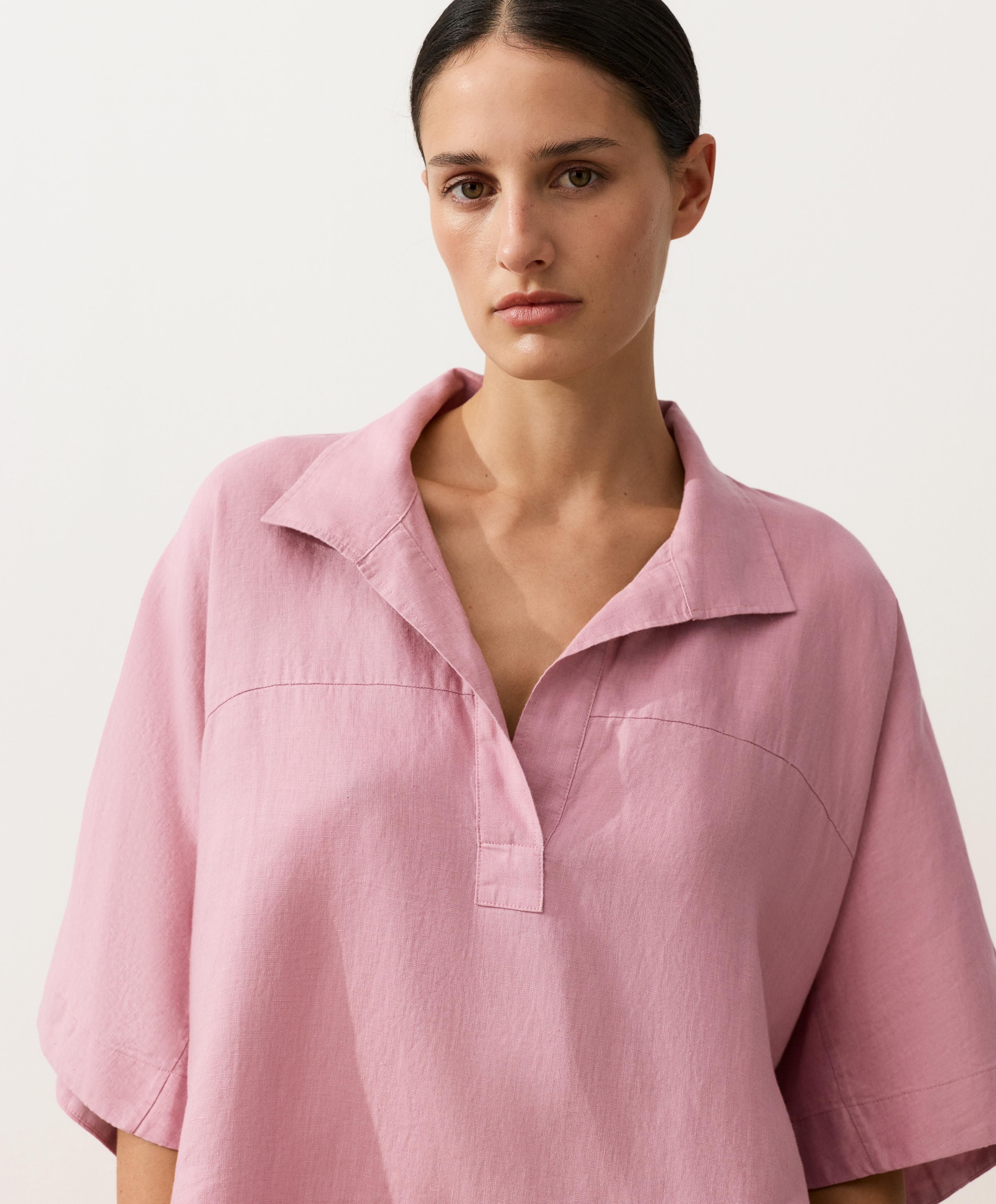 Oversize 100% linen polo shirt — MID-PINK
