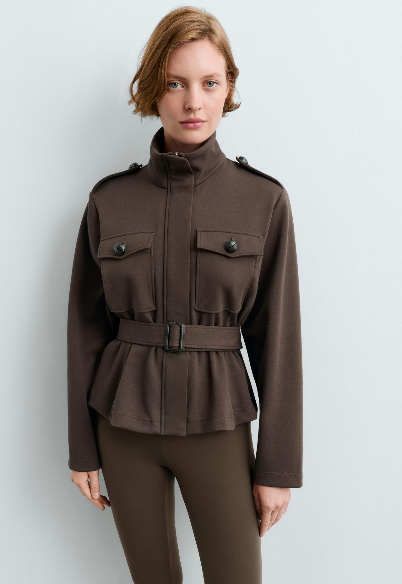 Short cotton piqué jacket with belt — BROWN