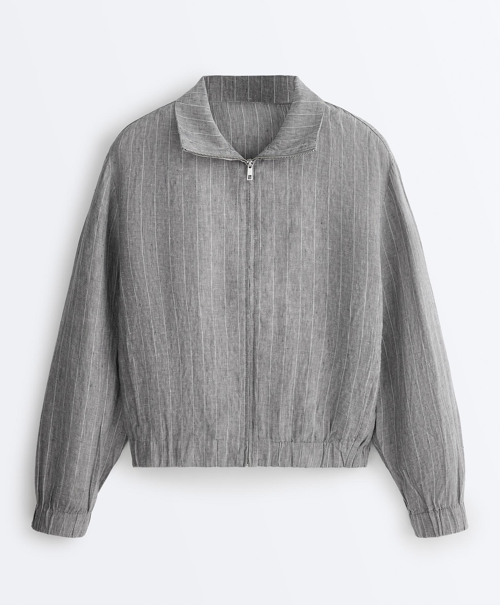 Pinstriped 100% linen high-neck jacket — MID GREY
