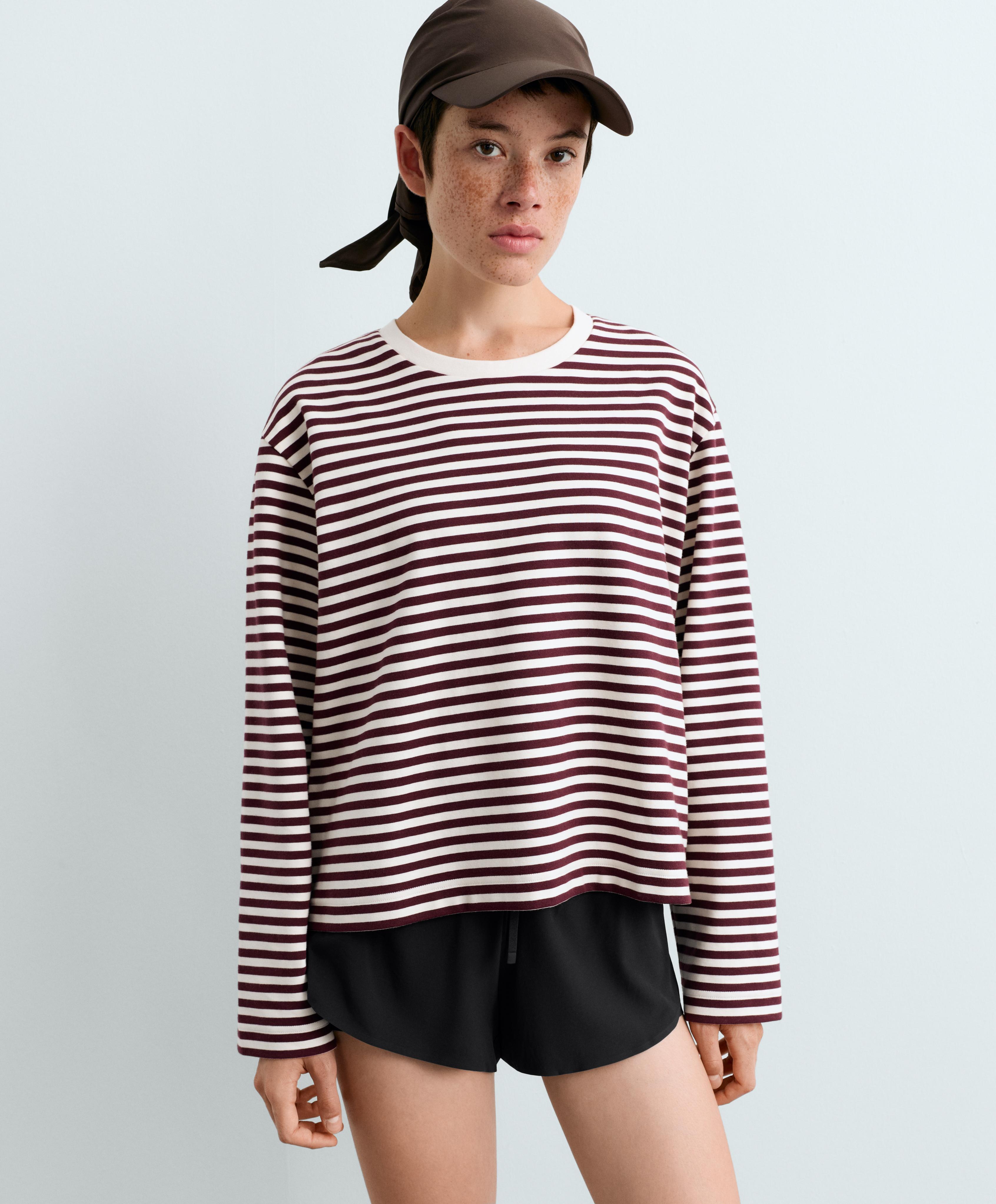 Boxy striped cotton blend long-sleeved T-shirt — PLUM