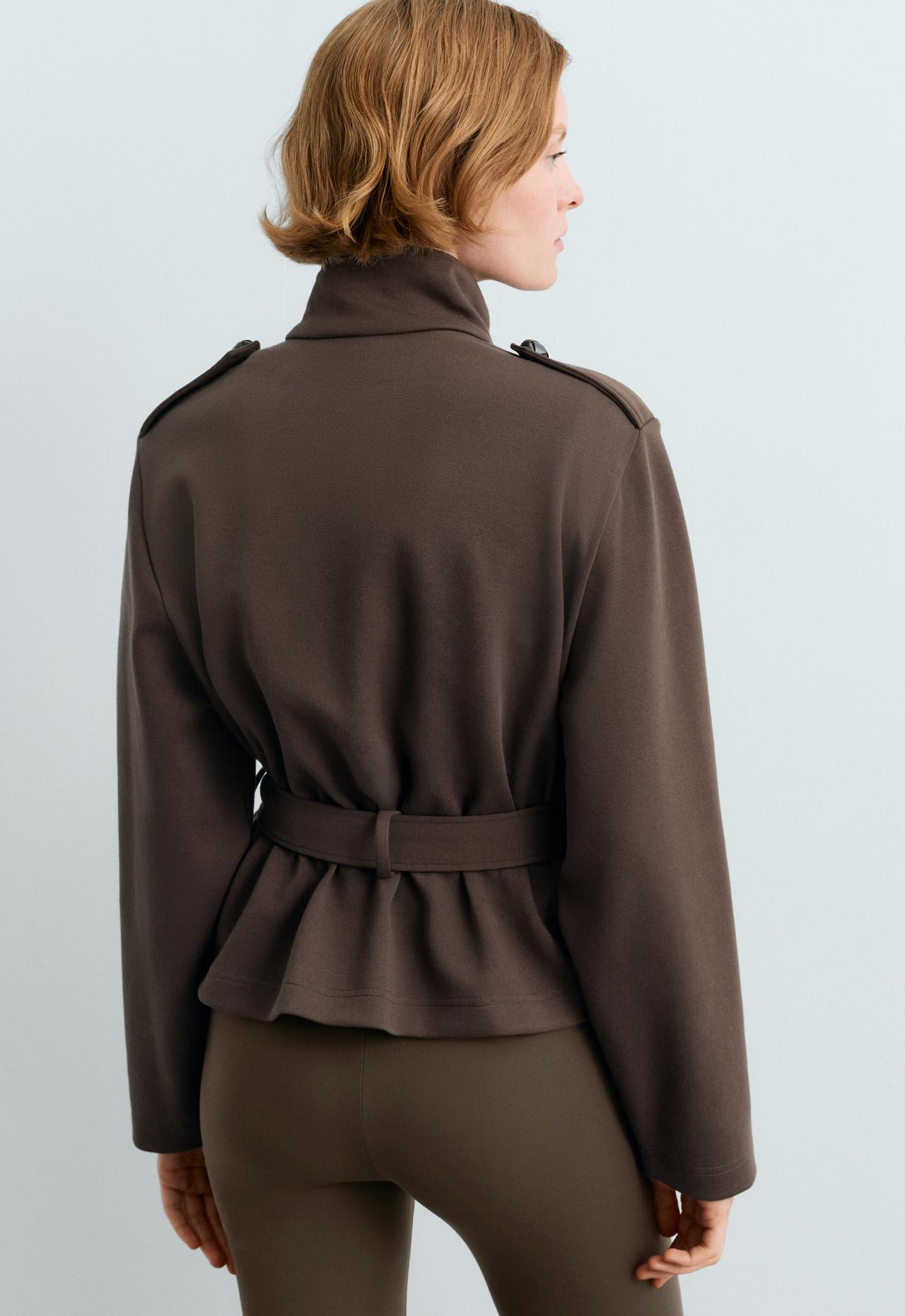 Short cotton piqué jacket with belt — BROWN