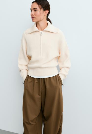 Knit jumper with half zip, cotton and 18% wool — ECRU 2