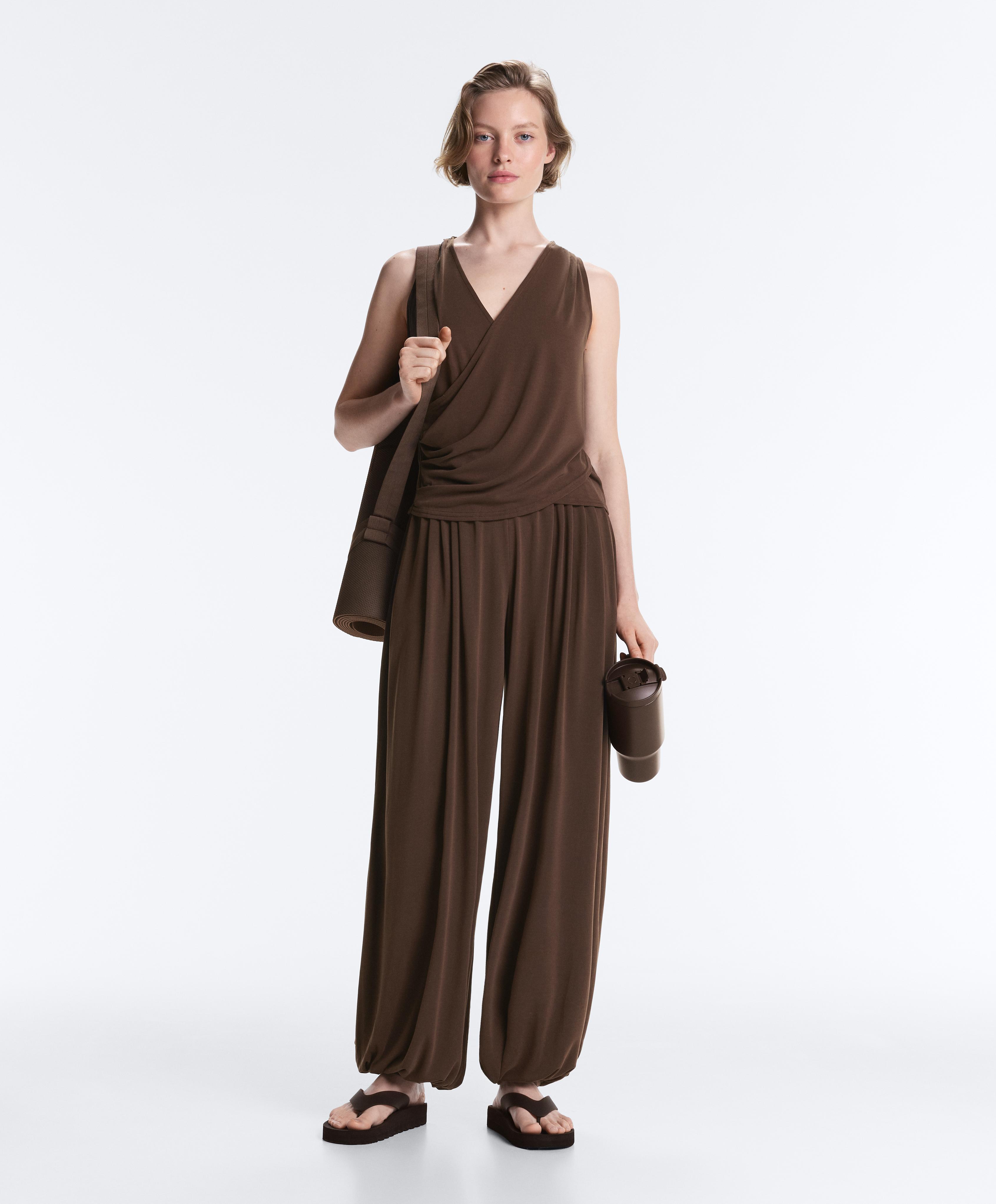 Modal blend crossover sleeveless T-shirt — DARK BROWN