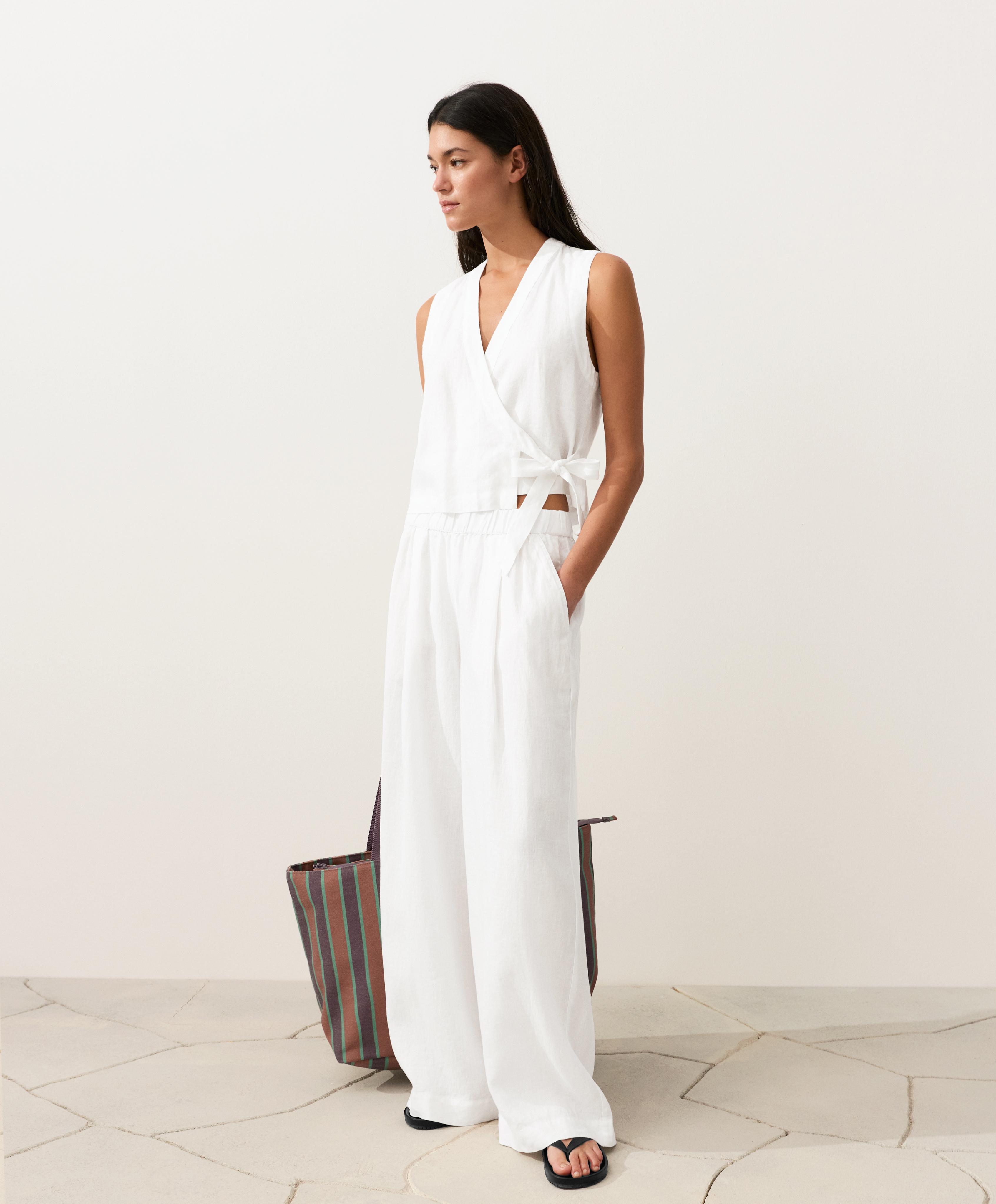 100% linen crossover top with tie fastening — WHITE 