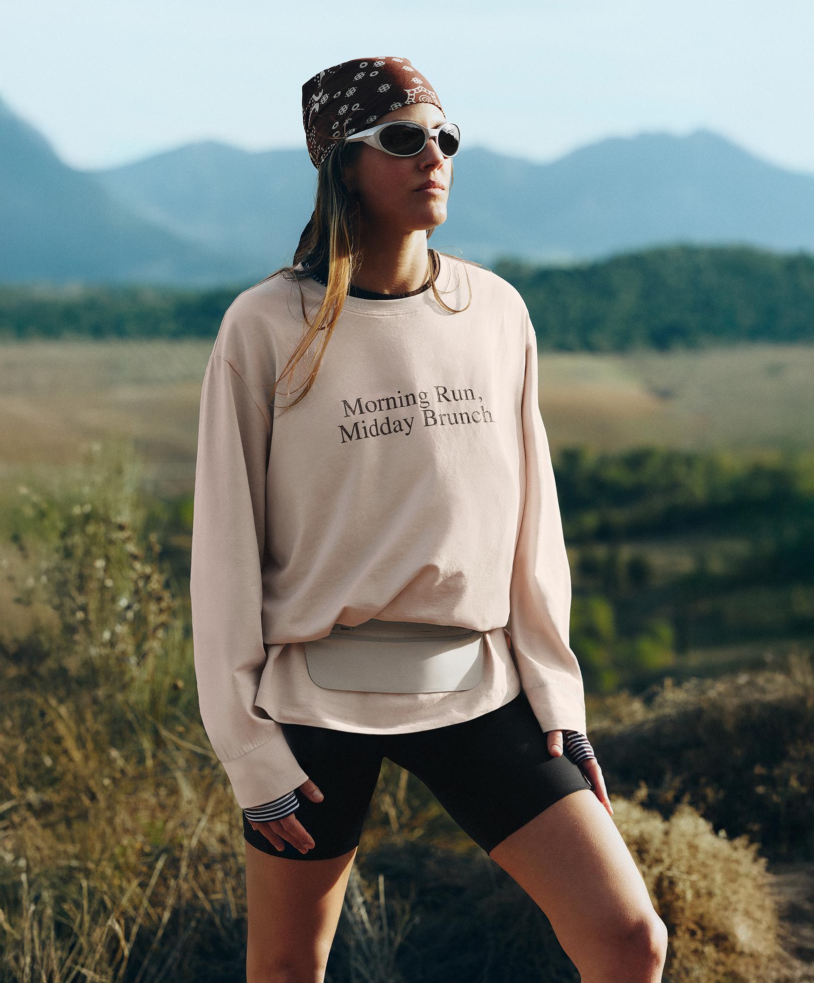 Oversize cotton blend long-sleeved T-shirt with slogan — SAND