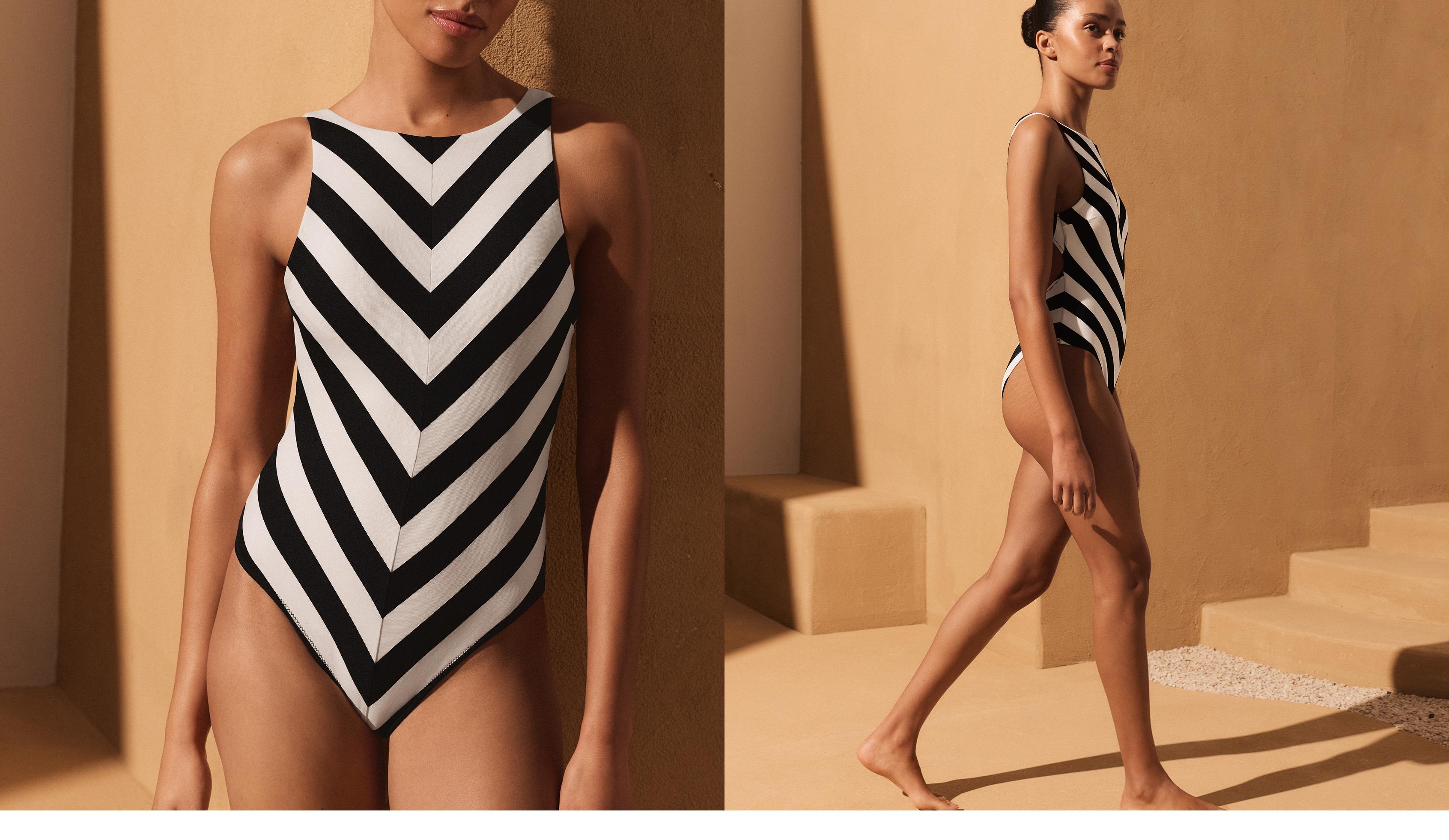 Diagonal stripe halter swimsuit — BLACK