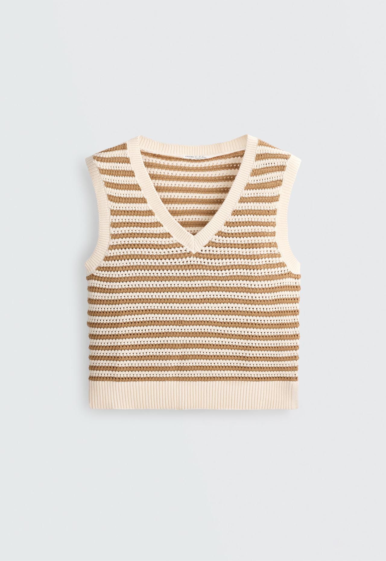 Striped V-neck knit vest — ECRU
