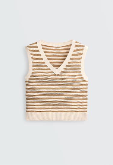 Striped V-neck knit vest — ECRU 7