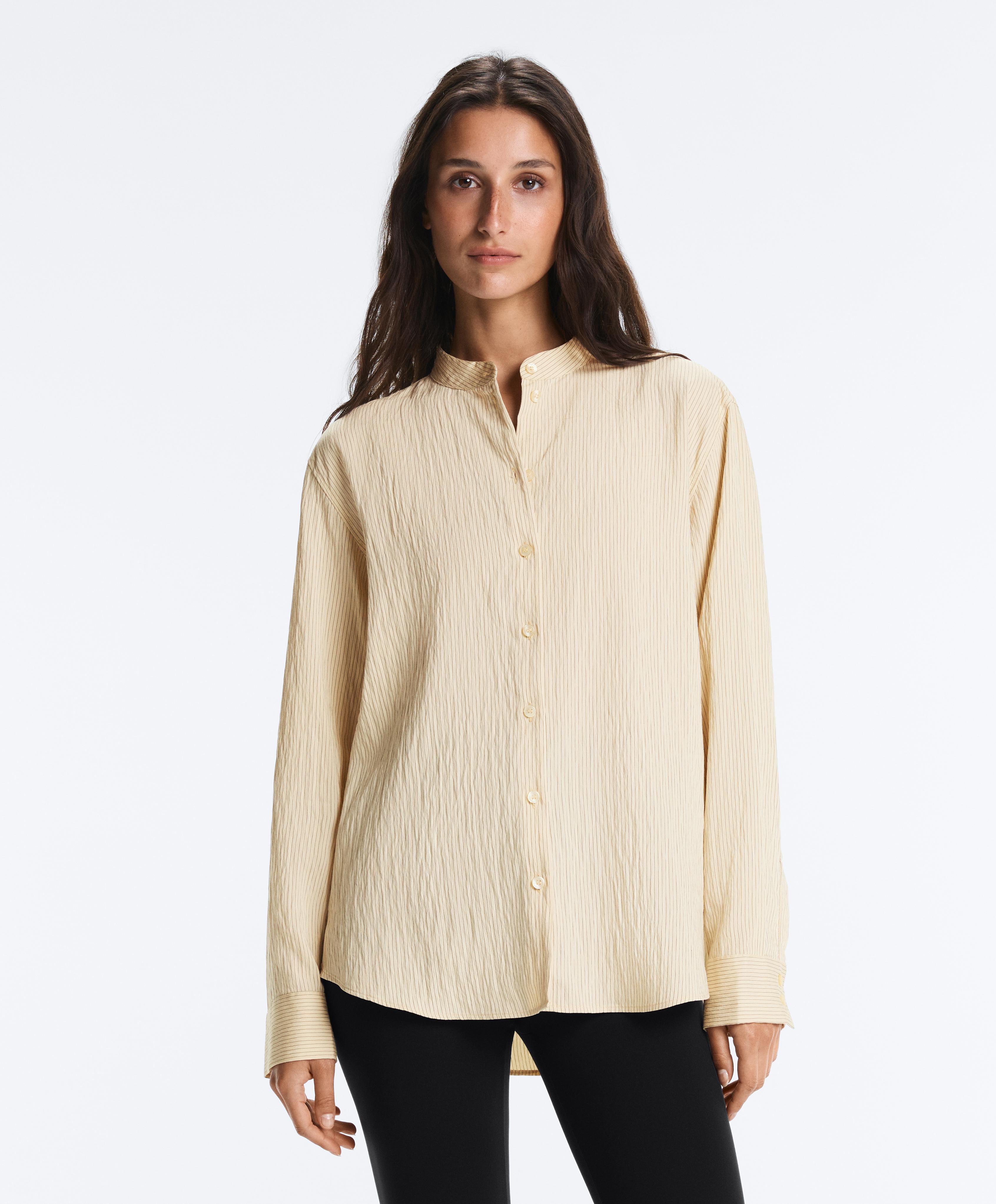 Striped modal blend stand-up collar shirt — PALE ECRU