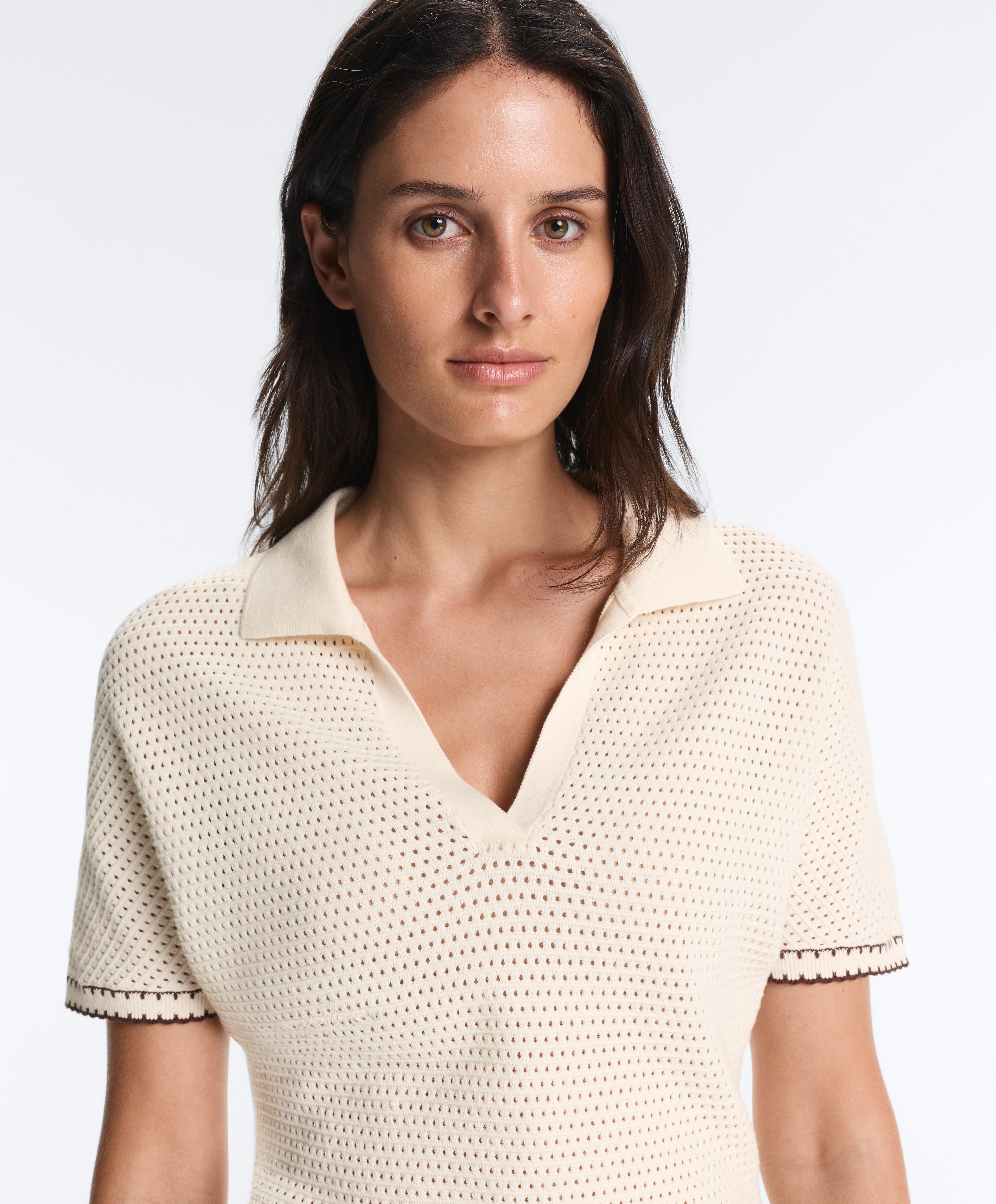 Cotton blend openwork knit polo — PALE ECRU