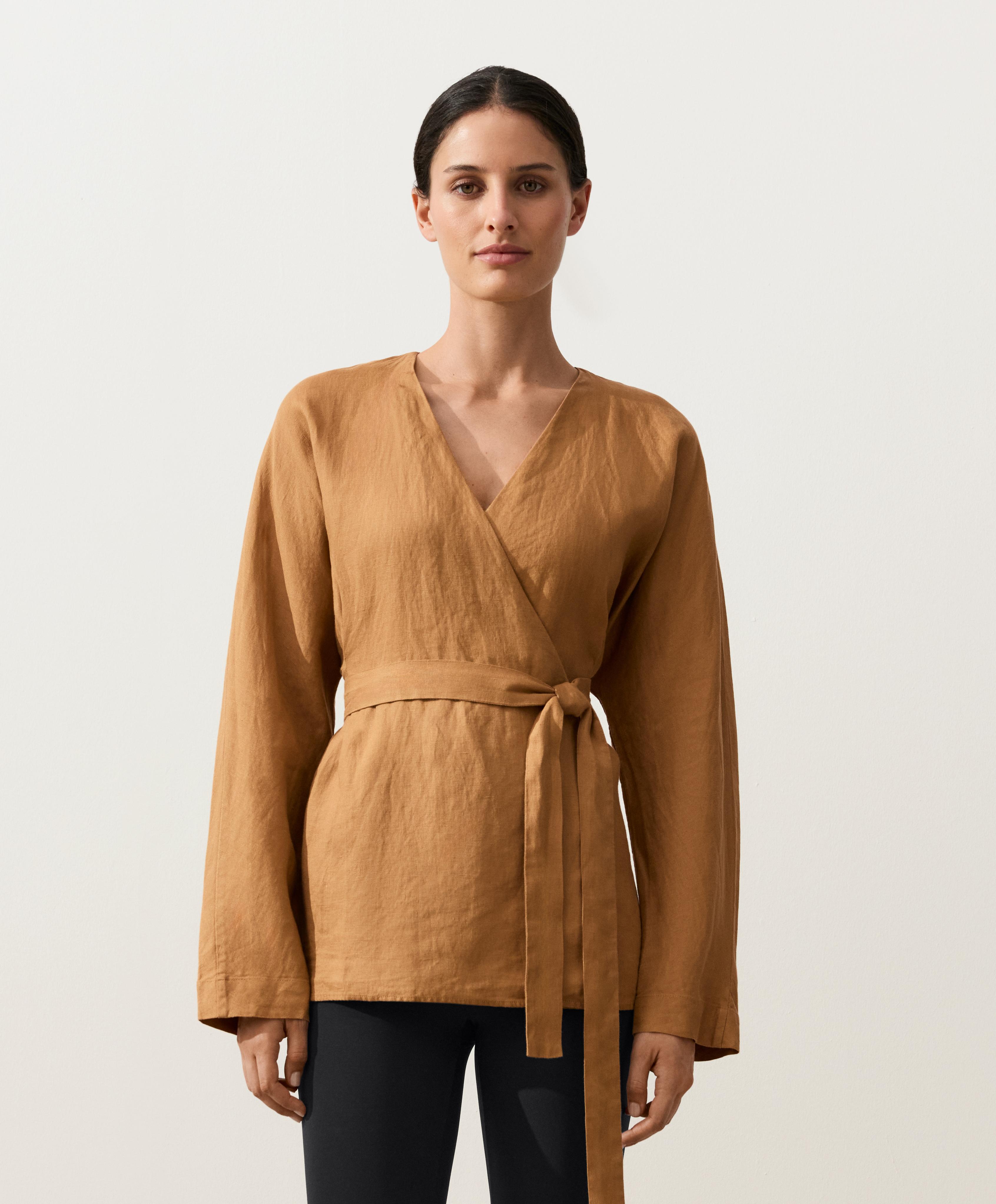 100% linen striped kimono shirt — MUSTARD