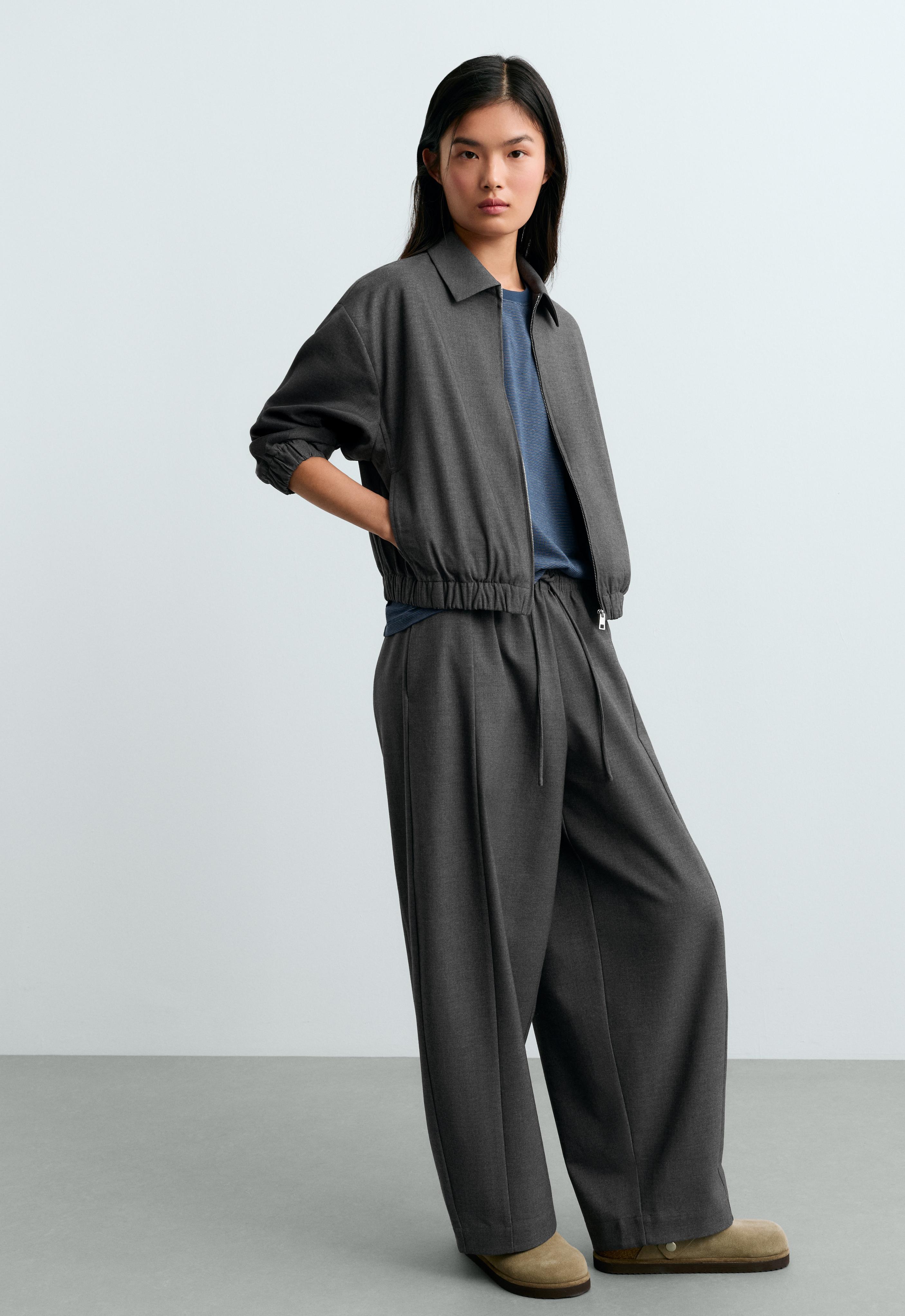 Cropped lapel collar jacket with wool — GREY