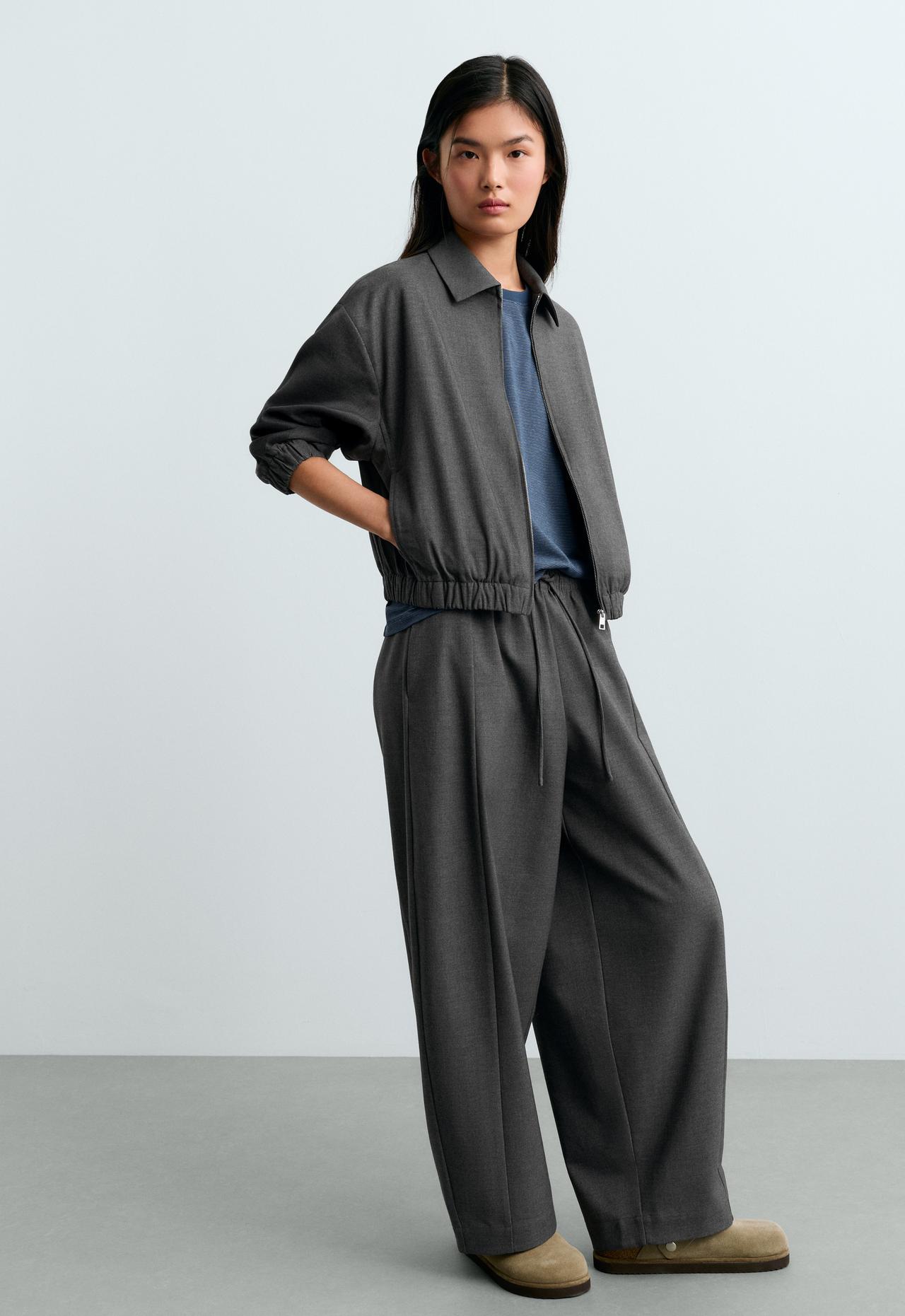 Cropped lapel collar jacket with wool — GREY