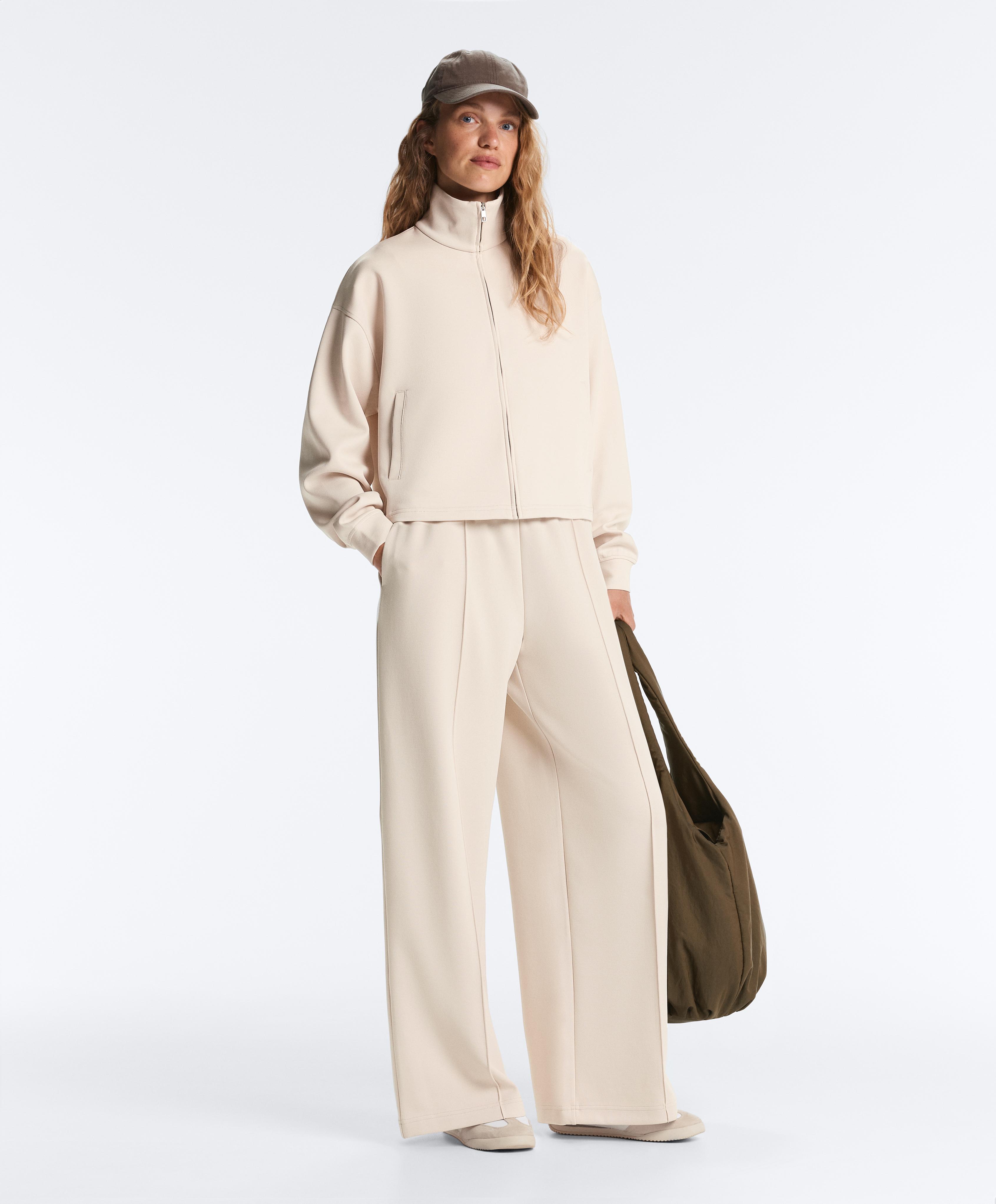 Cotton piqué straight-leg trousers with crease — PALE BEIGE