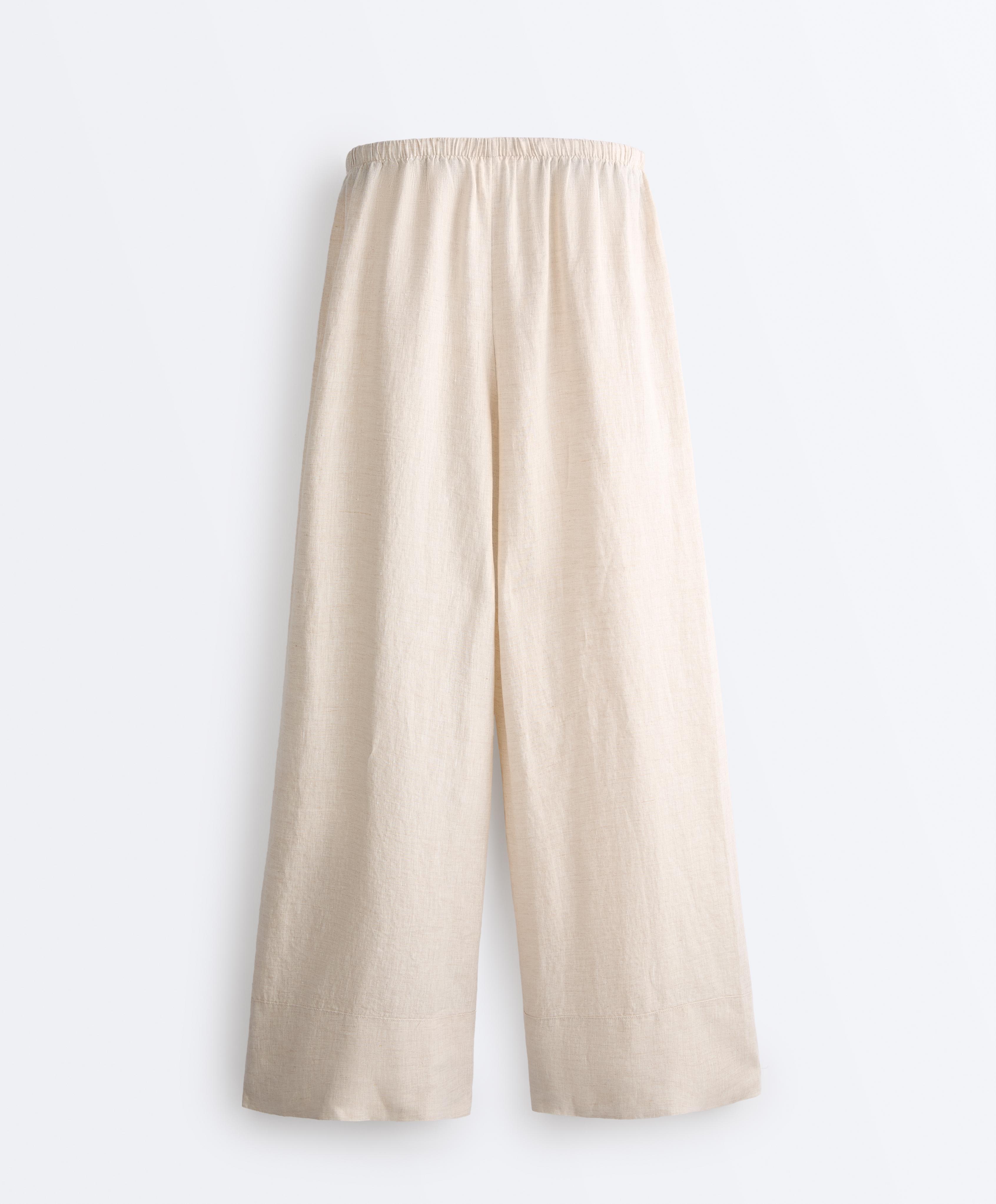 100% linen straight-leg trousers — SAND MELANGE