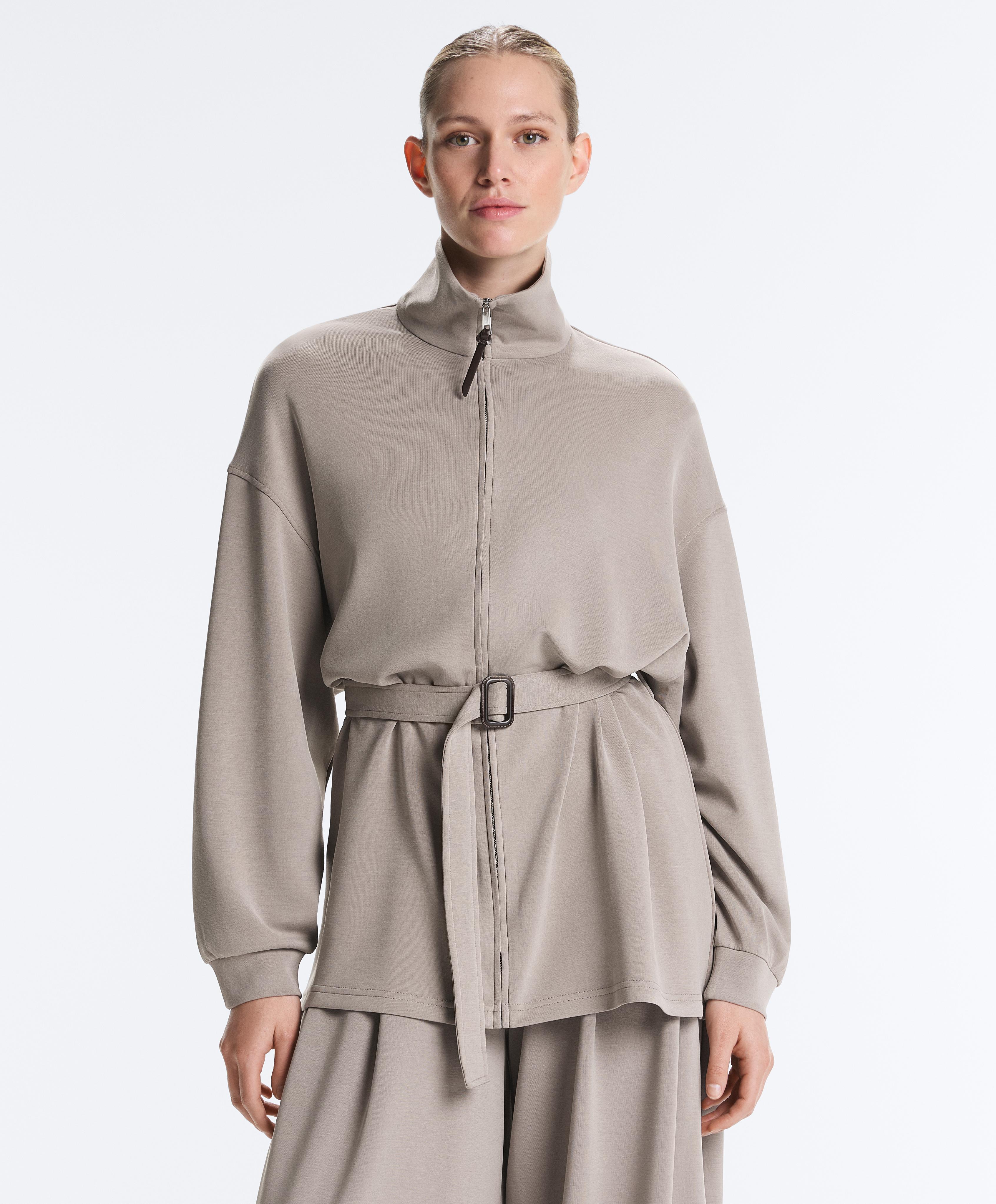Long corset jacket with soft-touch modal belt — PALE TAUPE