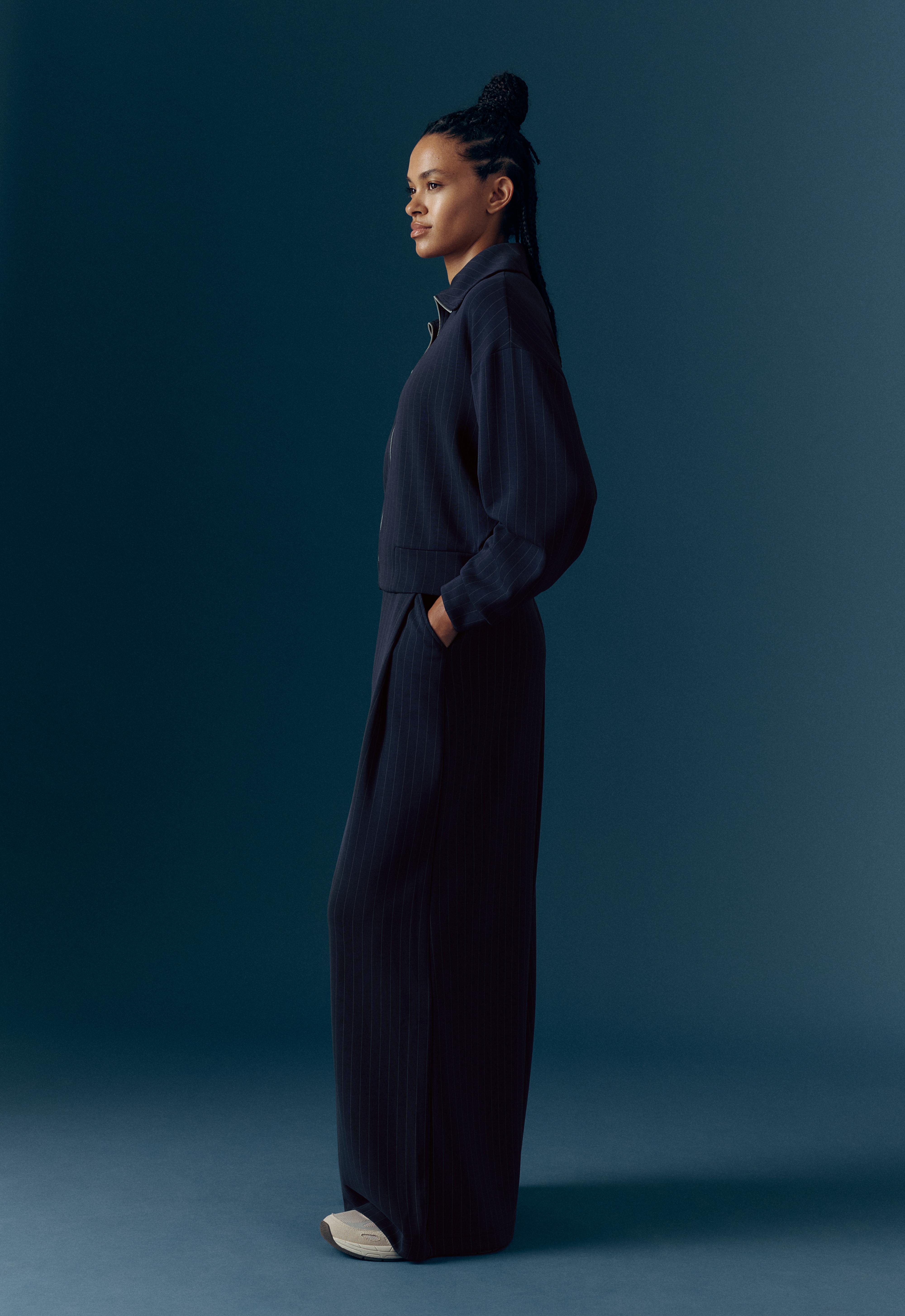 Modal pinstripe wide-leg trousers — NAVY BLUE