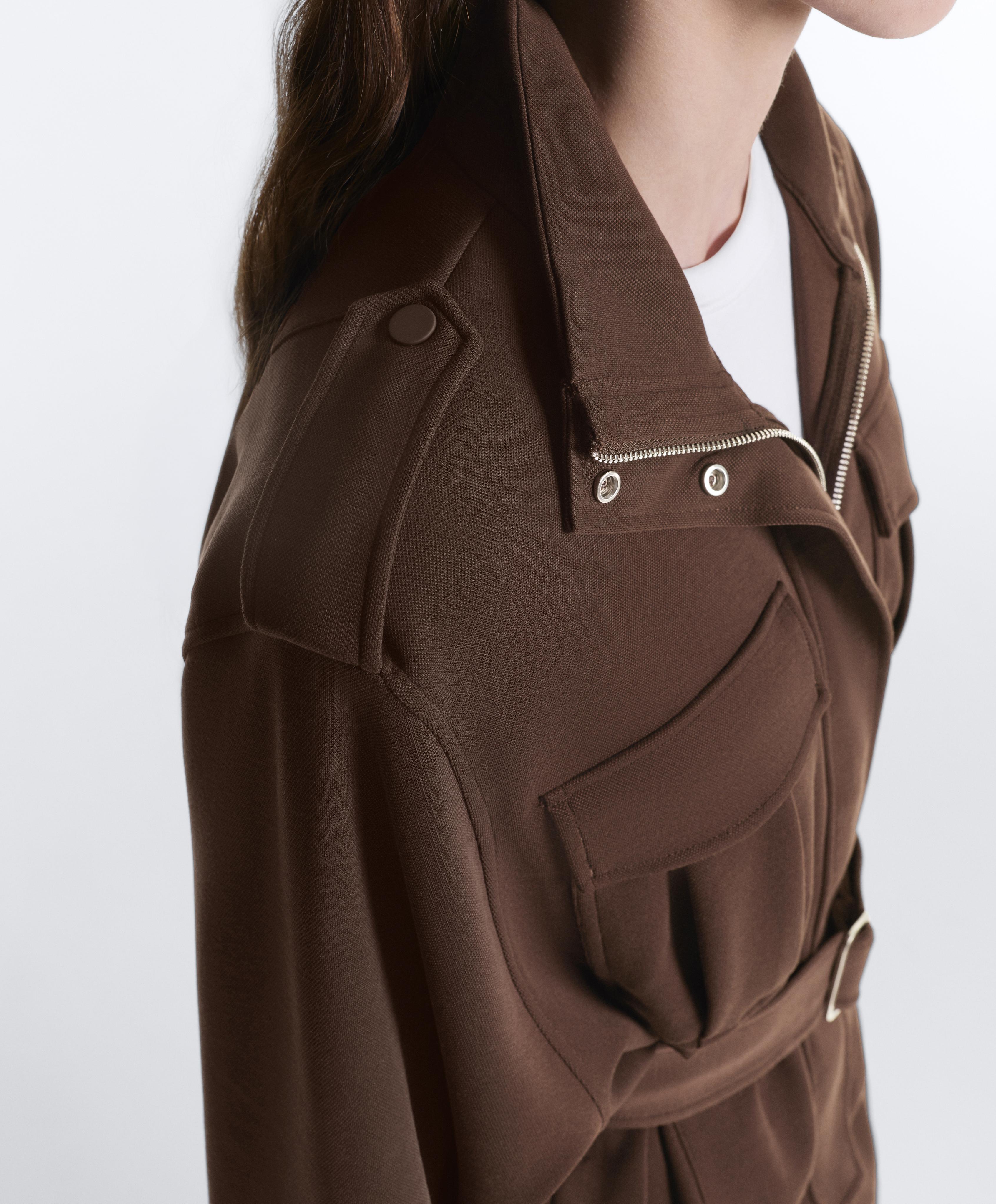 Cropped piqué utility jacket with belt — DARK BROWN