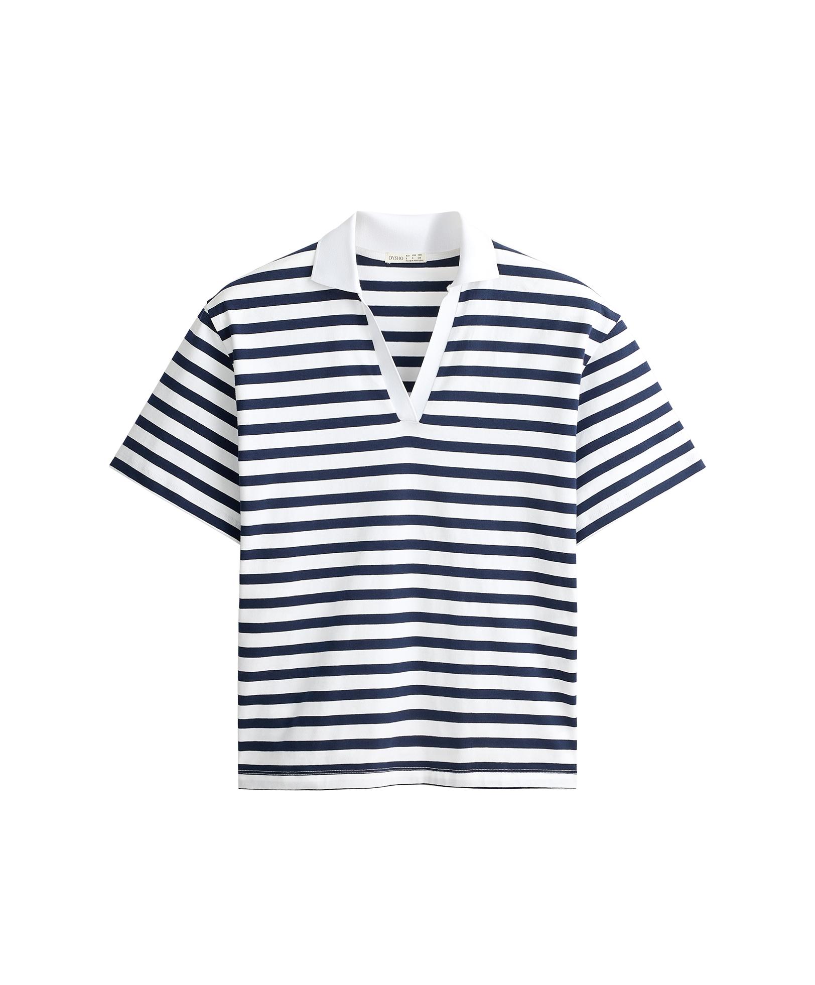 Boxy short-sleeved polo neck cotton blend T-shirt — NAVY BLUE