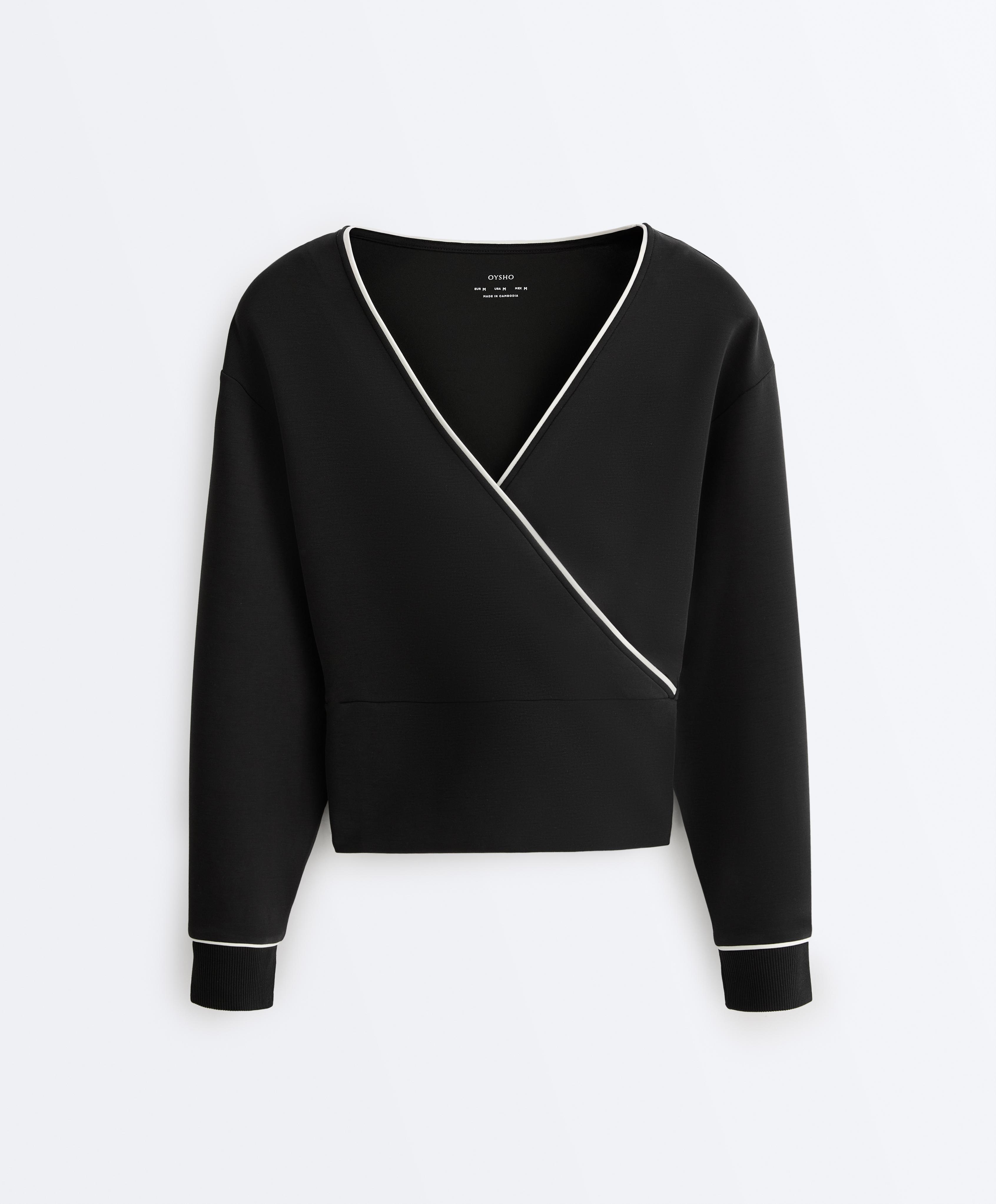 Wrap sweatshirt with contrast piping and modal — BLACK