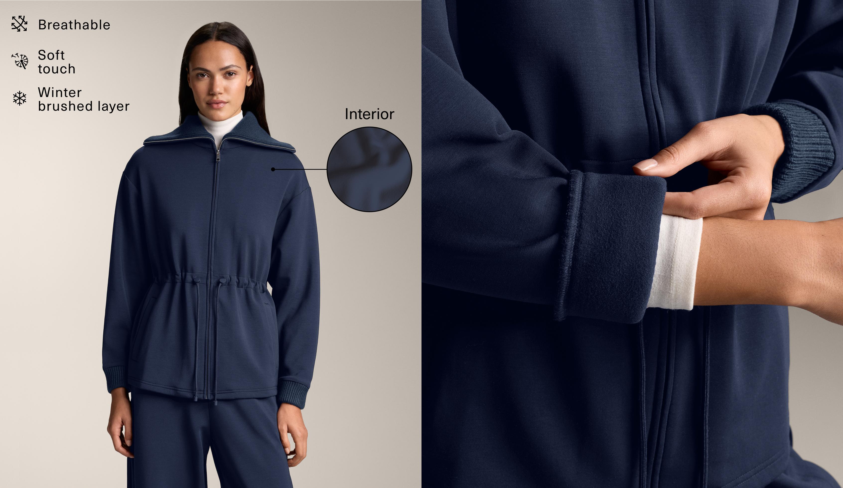 Adjustable waist knit collar jacket with brushed modal — NAVY BLUE