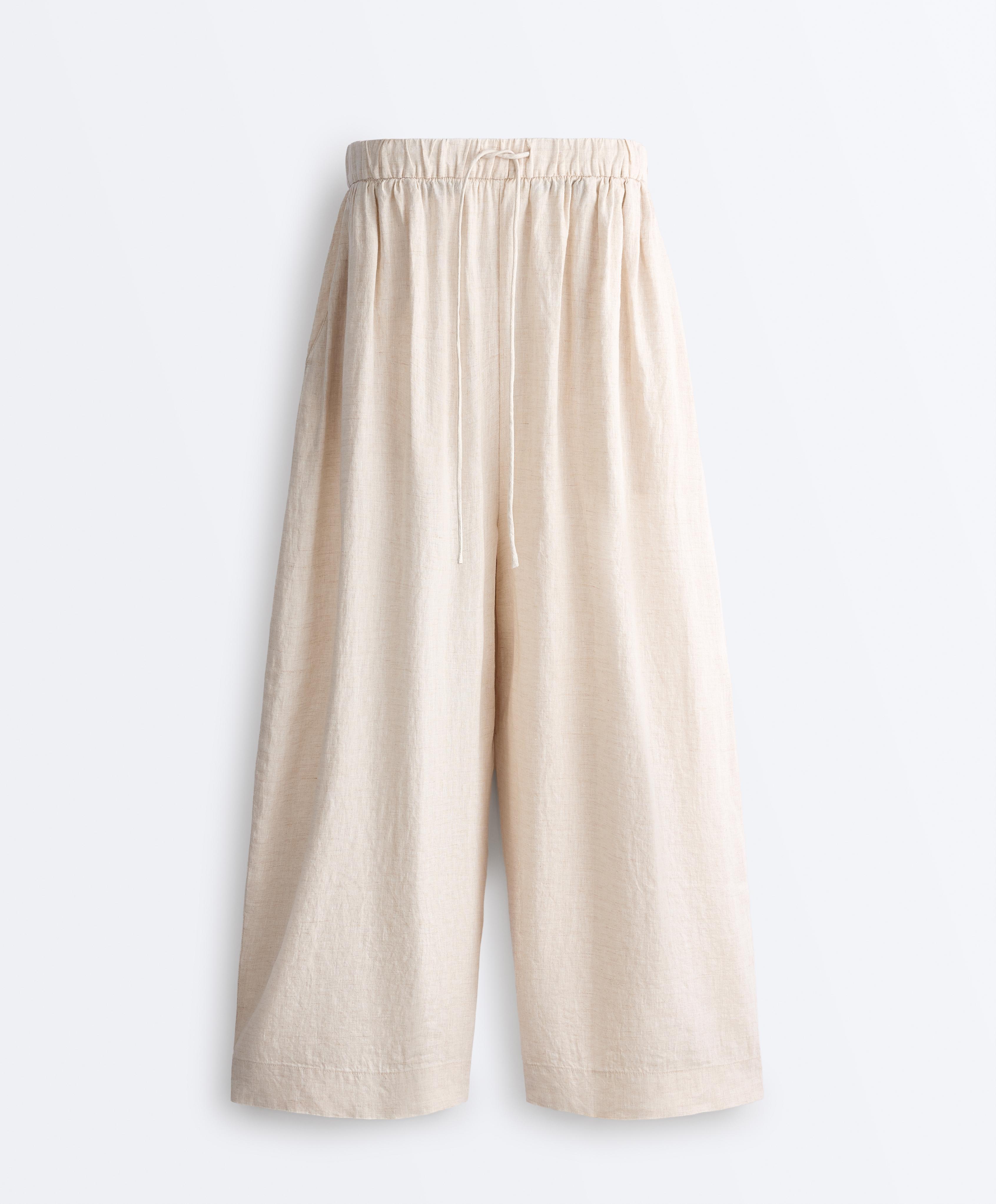 100% linen crop balloon trousers — SAND MELANGE