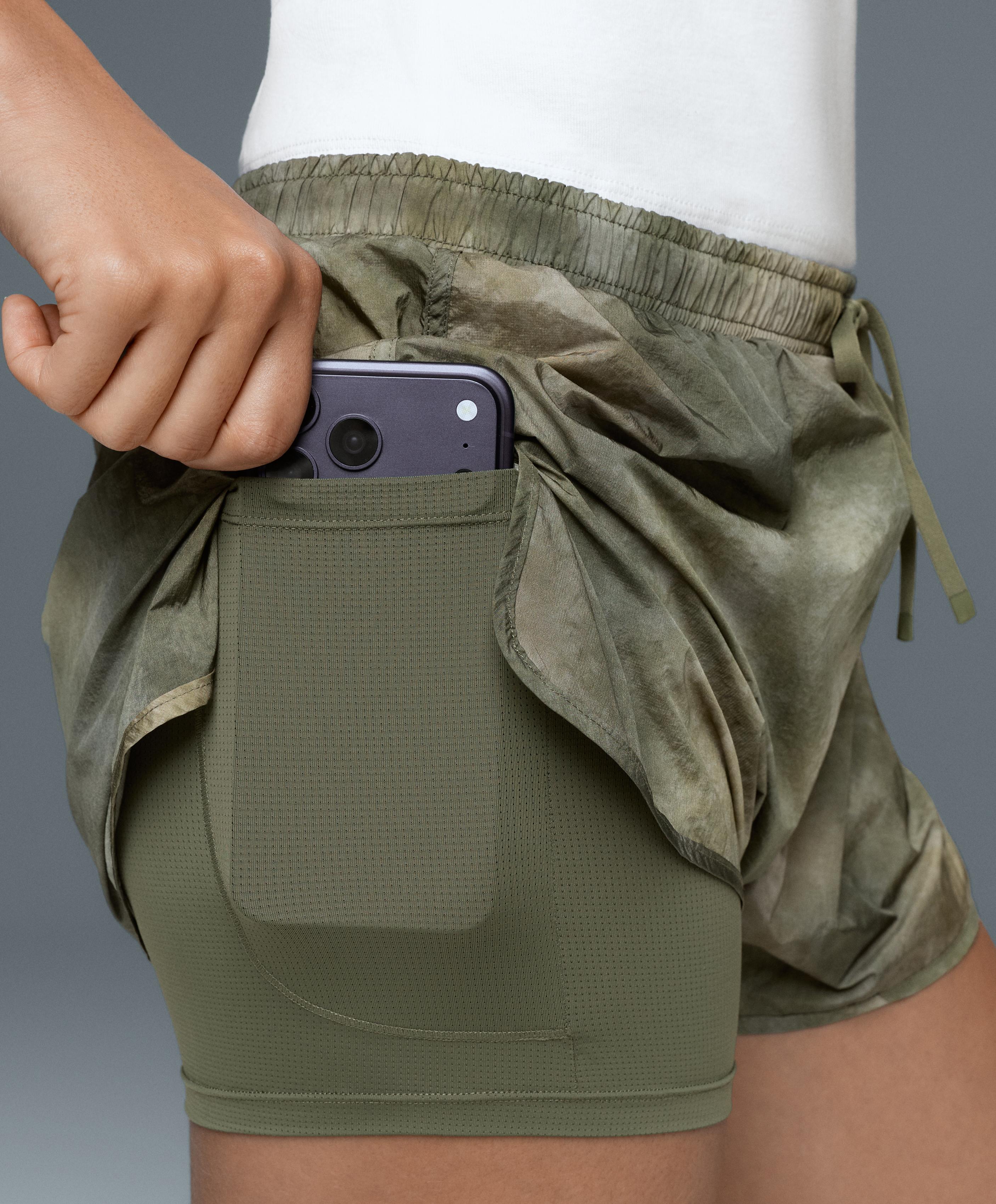 Printed mid rise 2-in-1 technical shorts — KHAKI