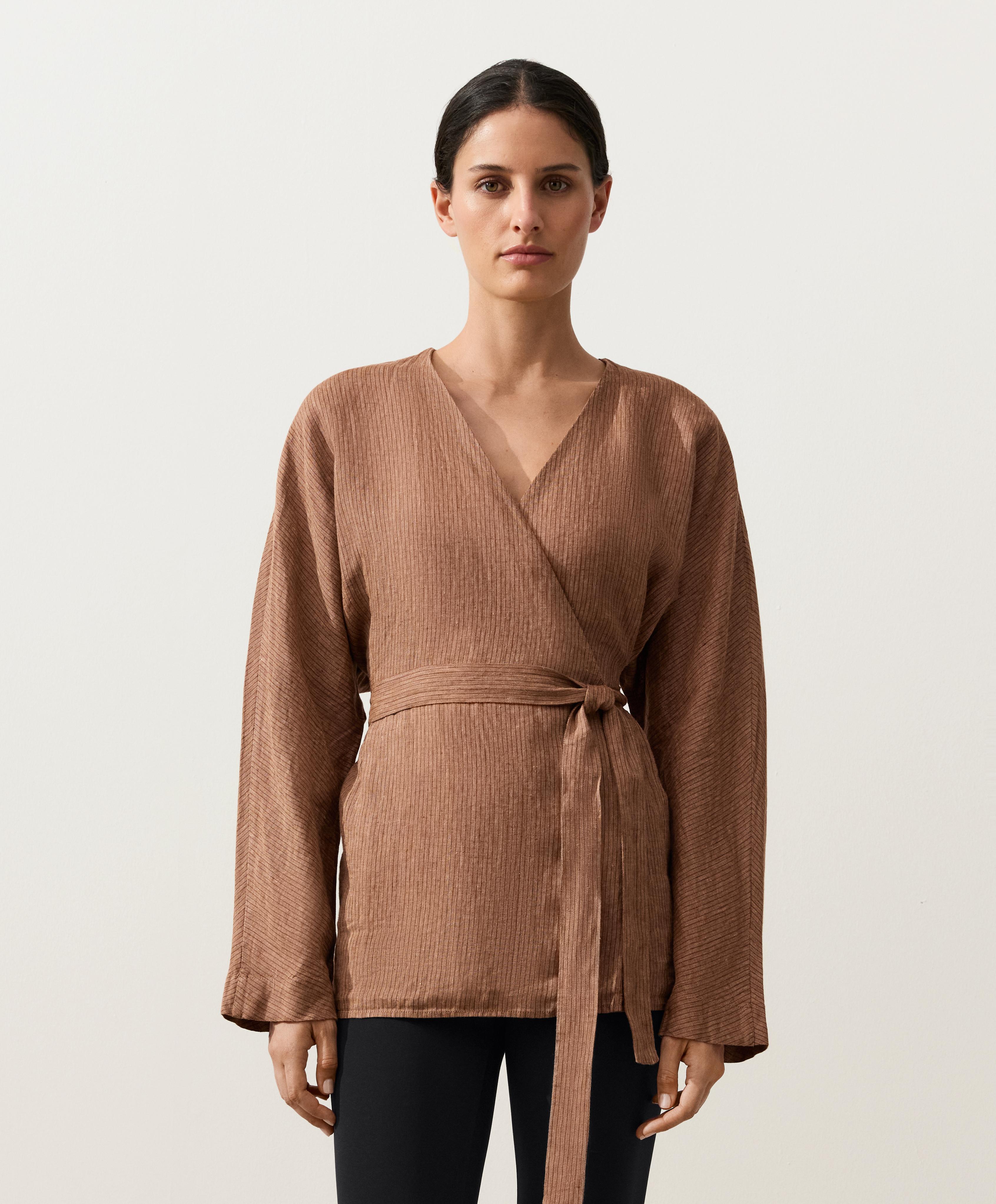 %100 keten çizgili kimono gömlek