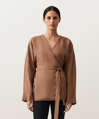 Striped 100% linen kimono shirt — TAN MELANGE 2