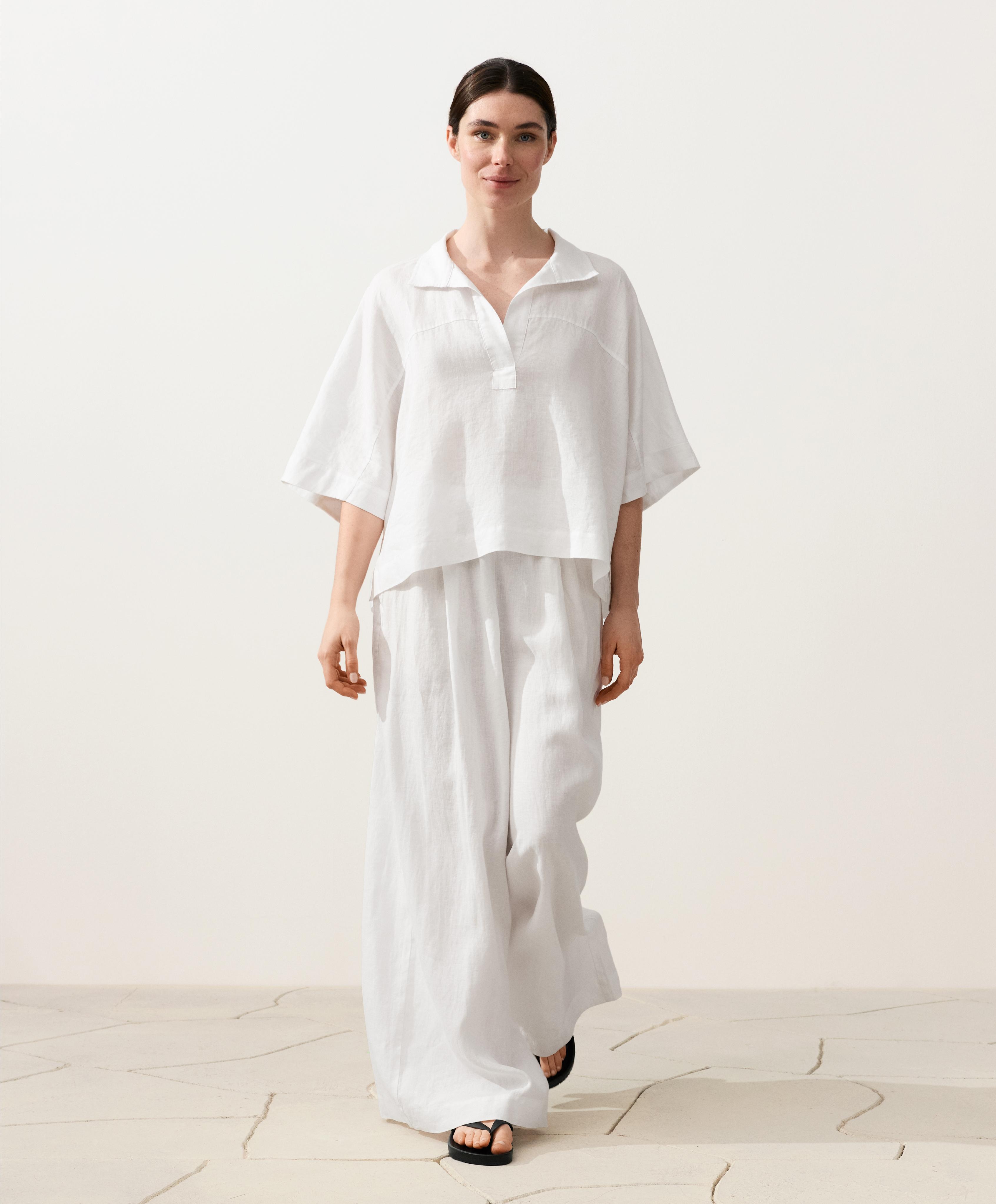 100% linen wide-leg trousers — WHITE