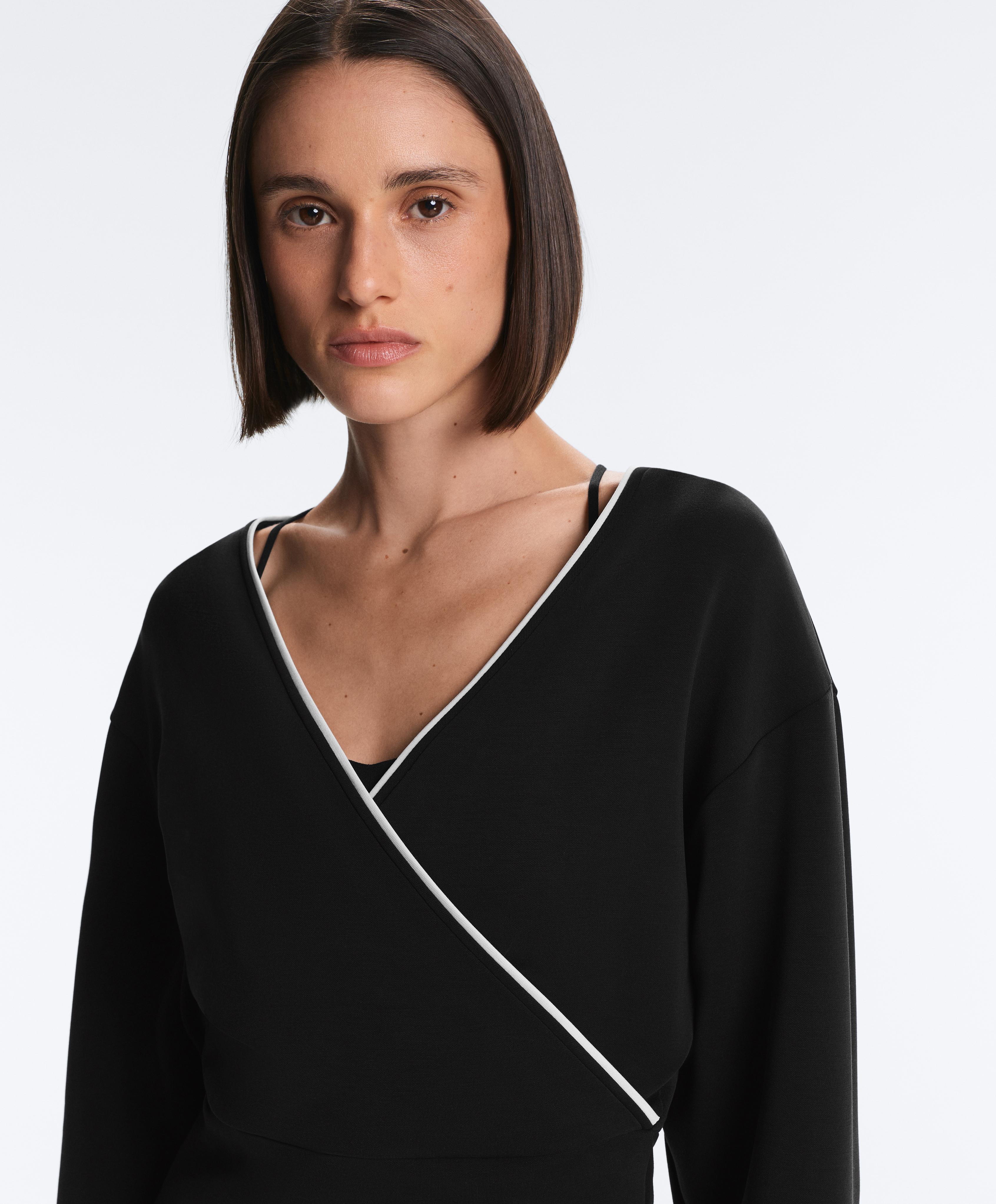 Wrap sweatshirt with contrast piping and modal — BLACK