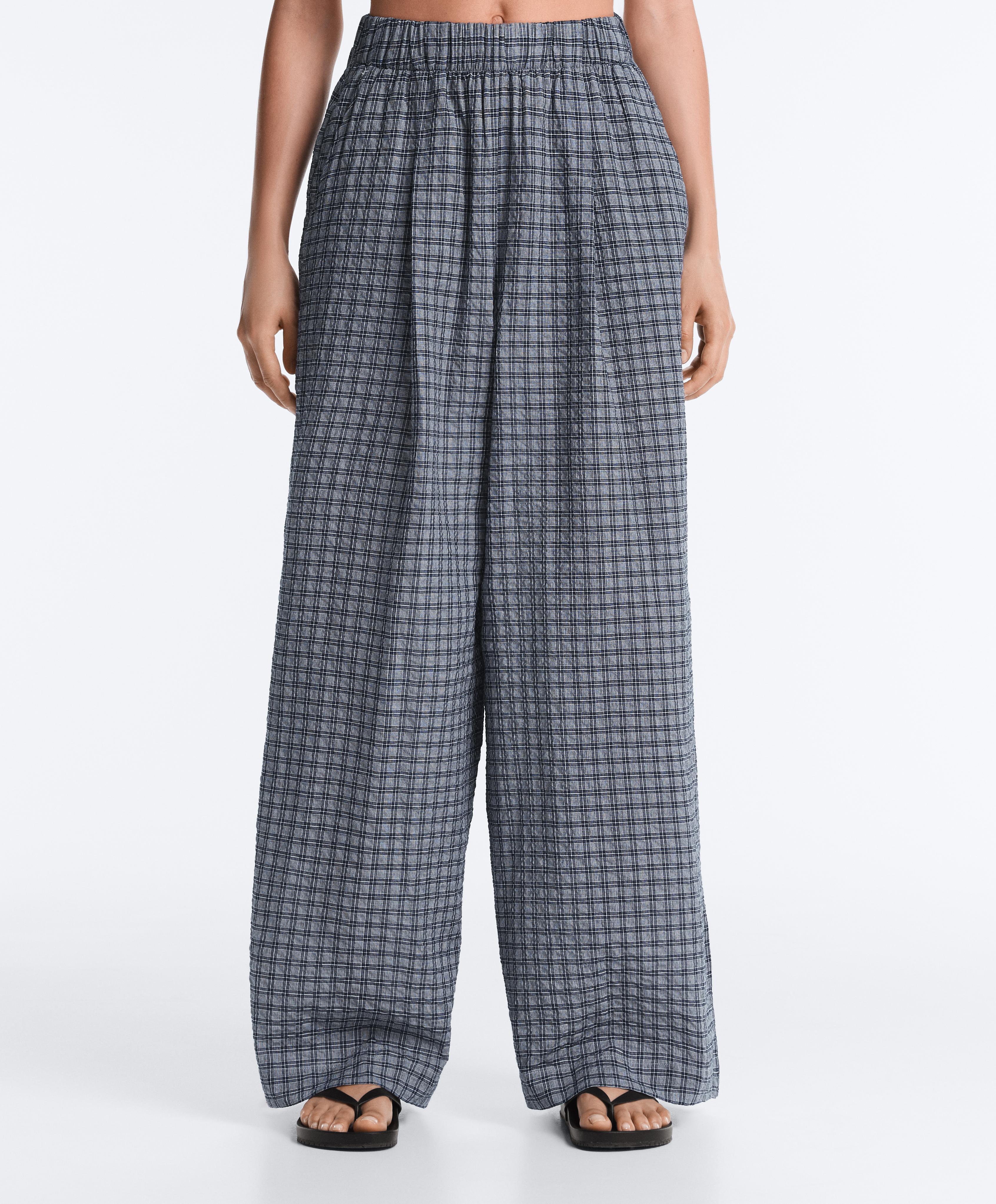 Check cotton blend wide-leg trousers — GREY-BLUE