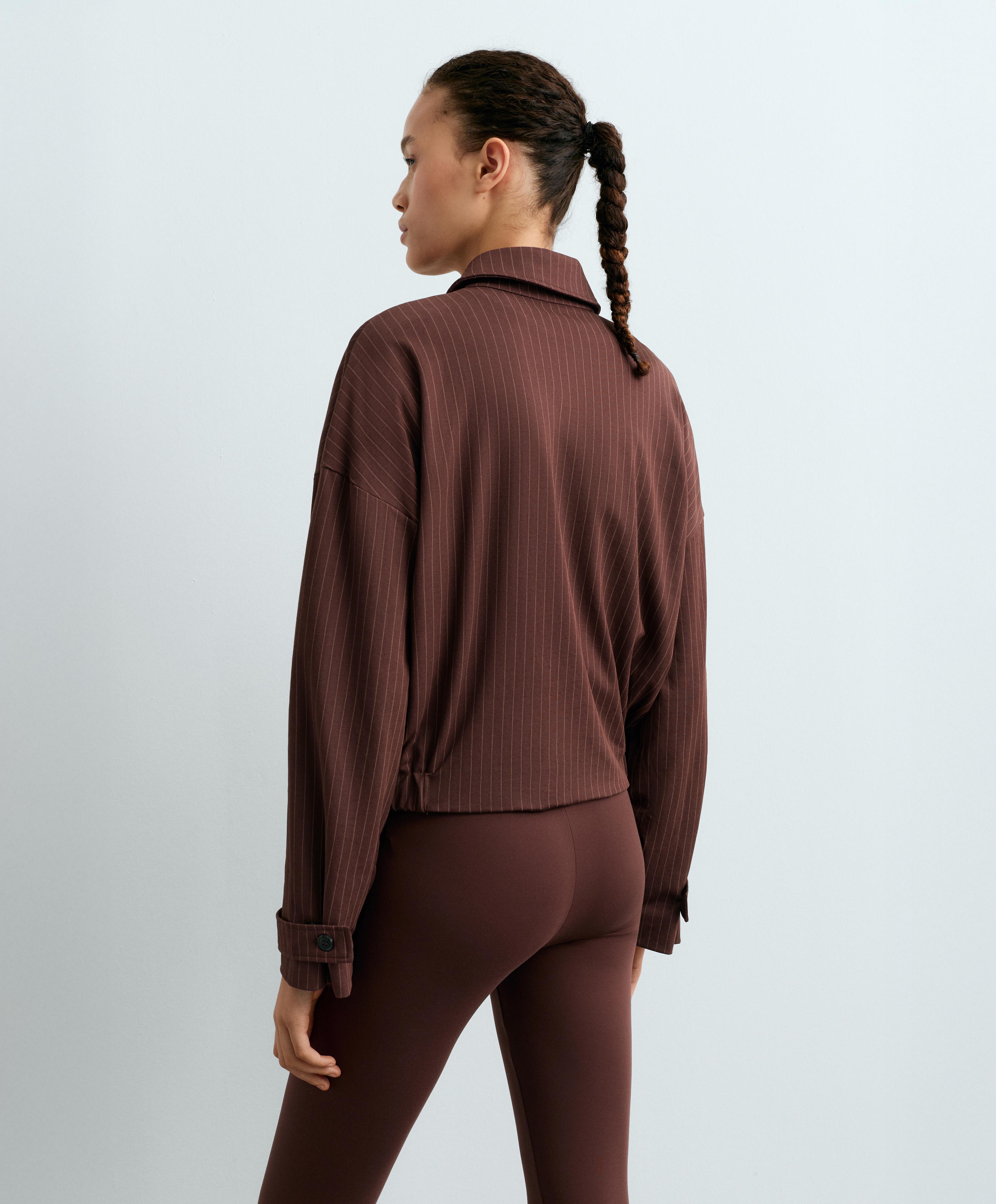 Pinstripe piqué polo neck jacket with cotton — CHOCOLATE