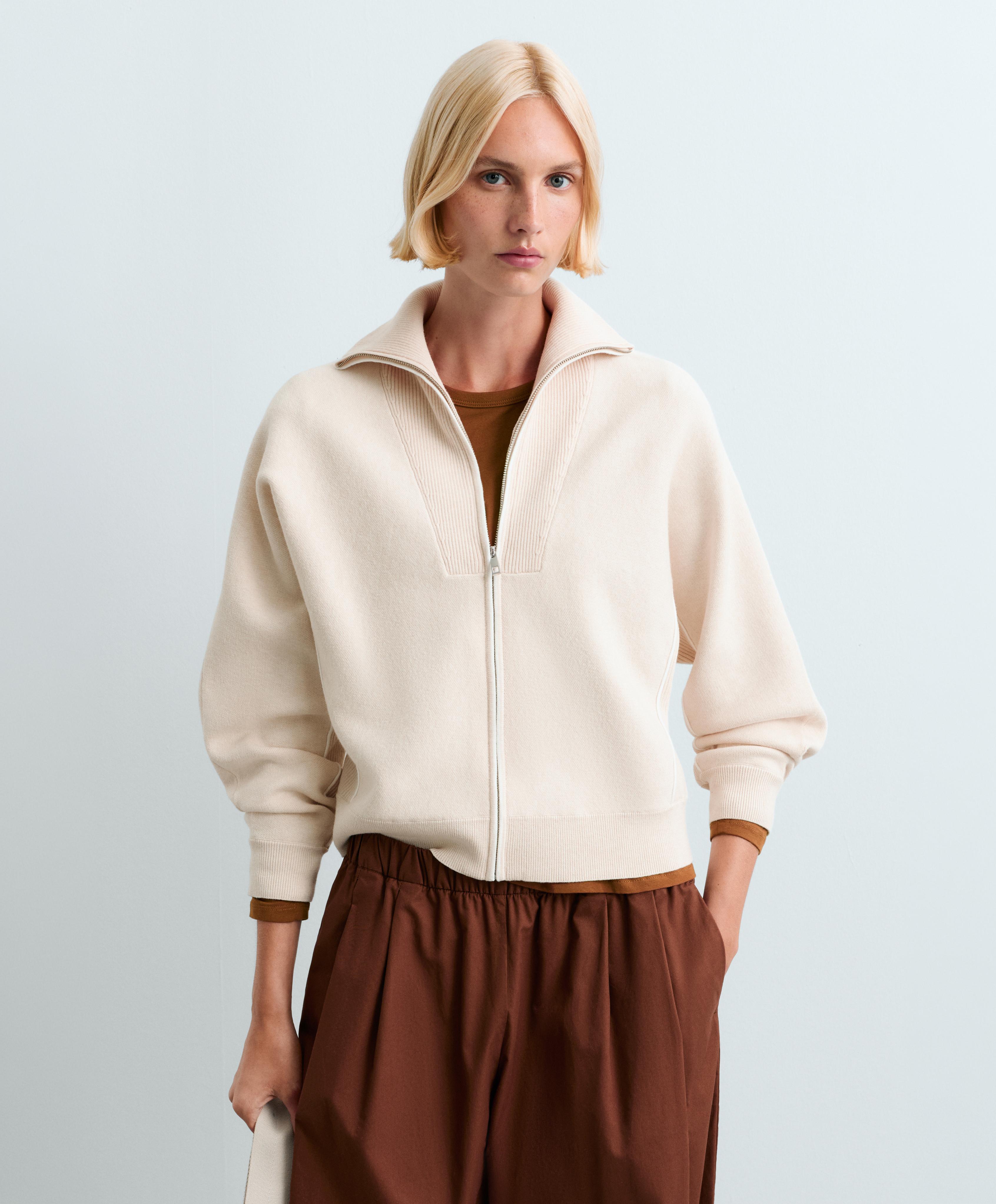 High-neck mixed knit jacket — ECRU